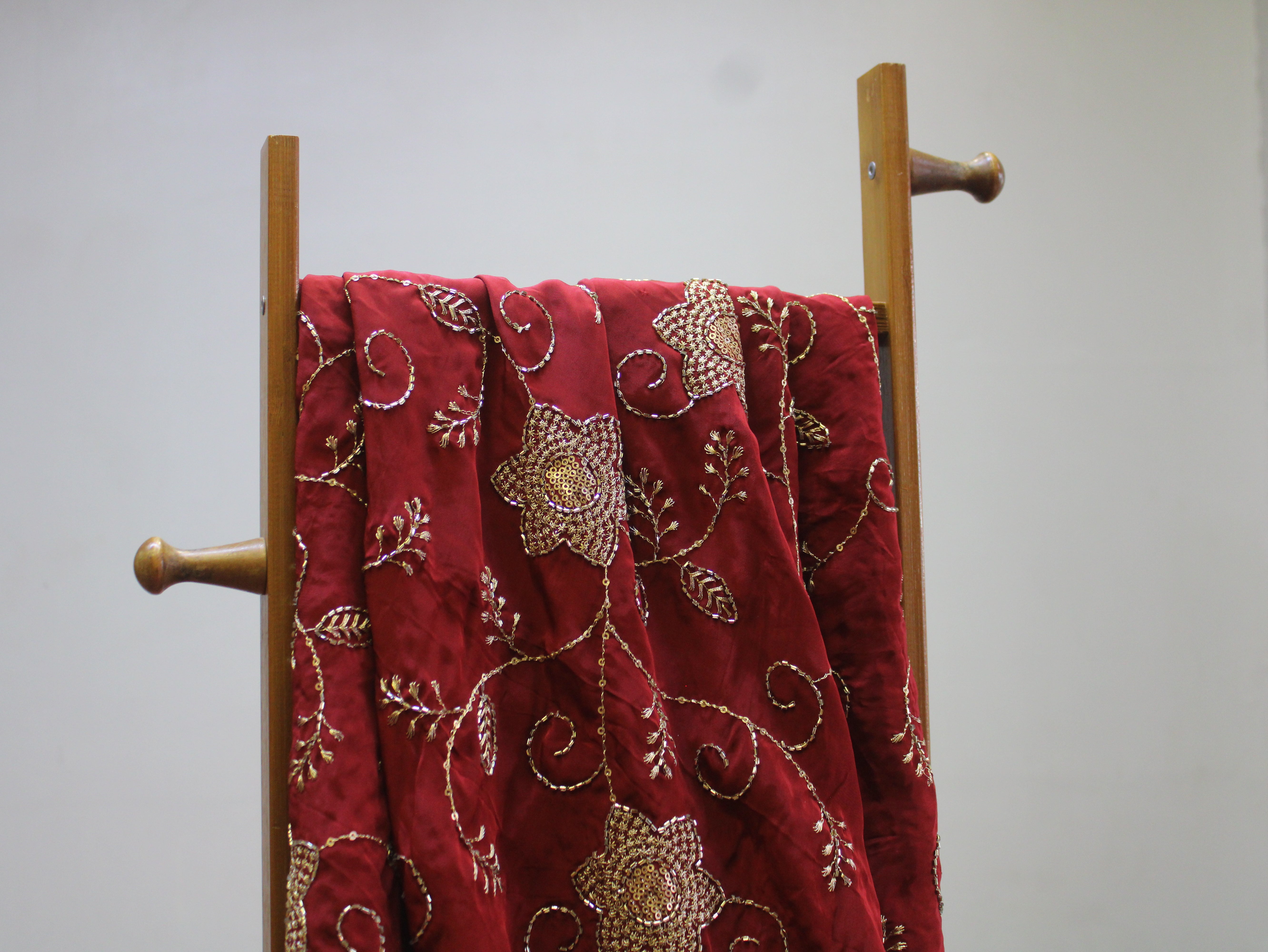 Natural Crepe Fabric with Semi Beads, Zari & Sequin Floral Work - Maroon