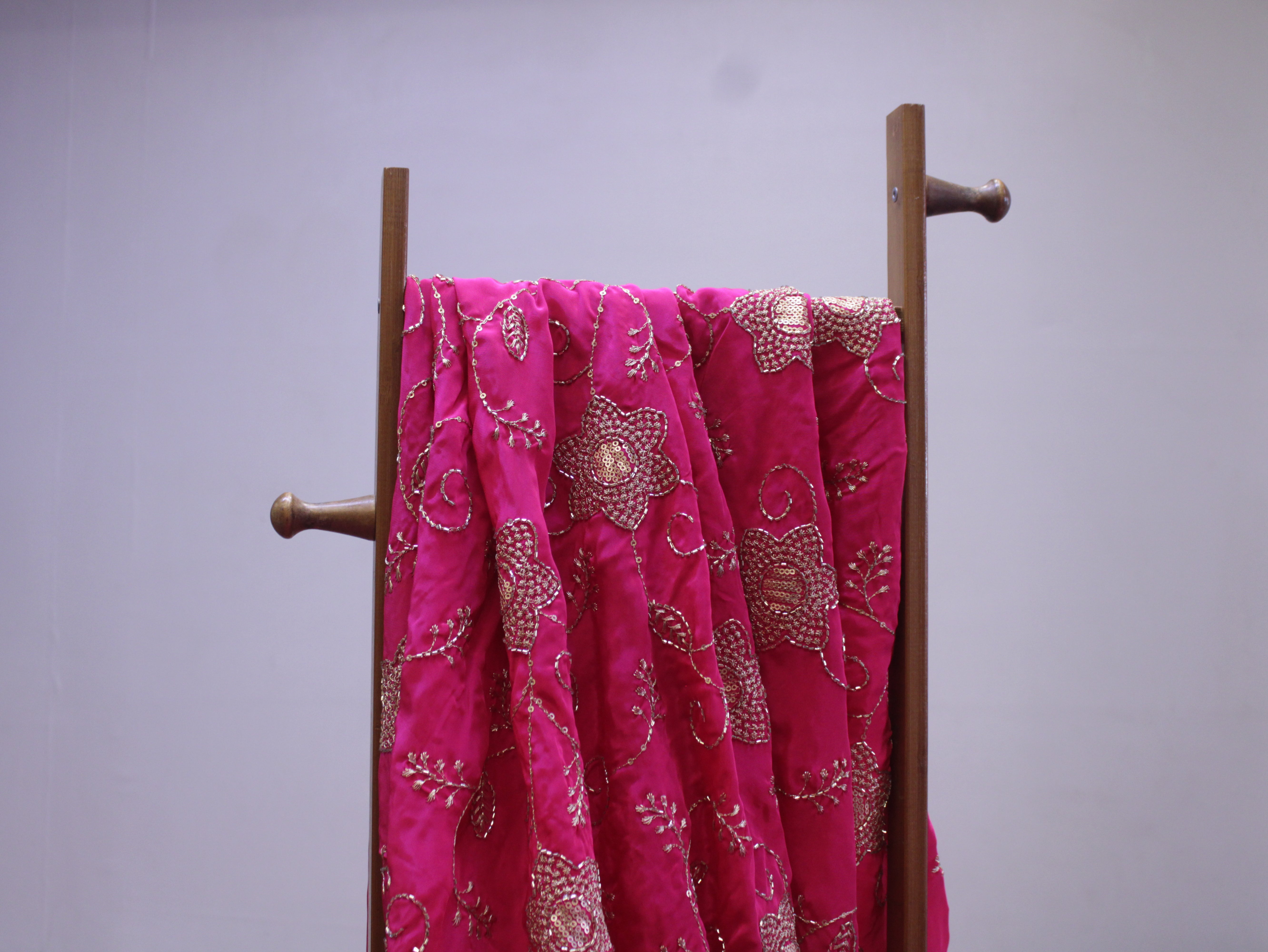 Natural Crepe Fabric with Semi Beads, Zari & Sequin Floral Work - Silk Rani