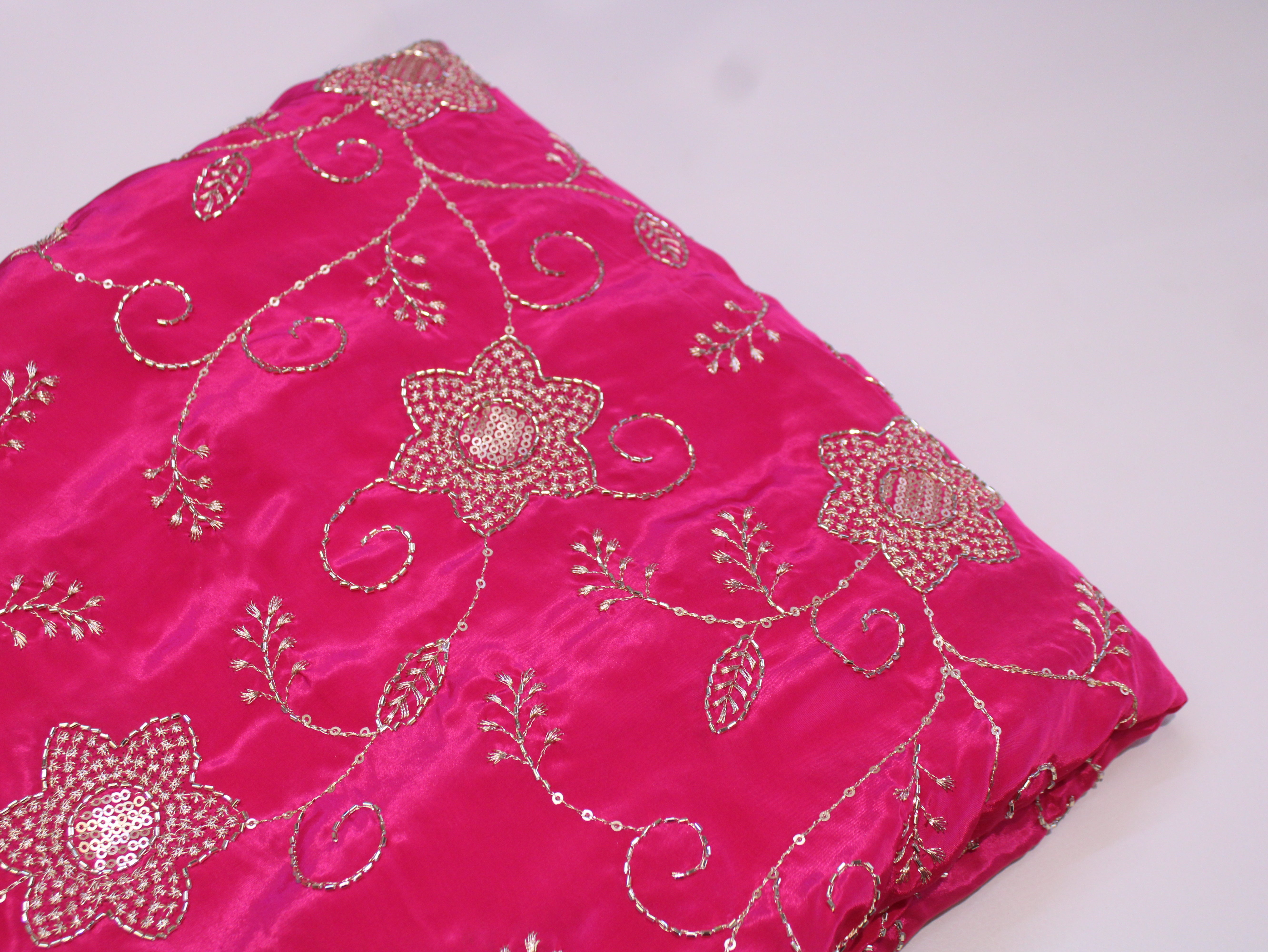 Natural Crepe Fabric with Semi Beads, Zari & Sequin Floral Work - Silk Rani