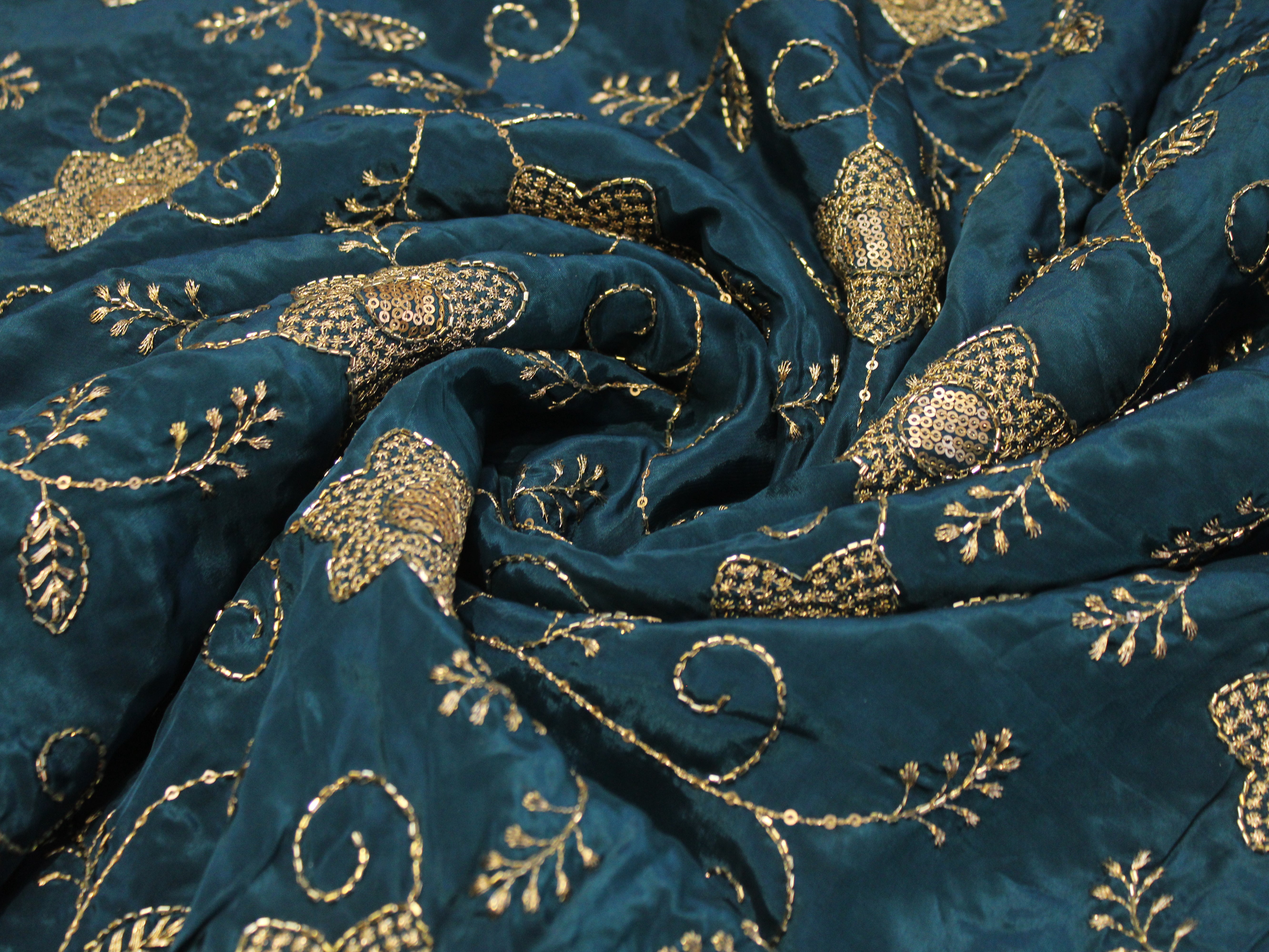 Natural Crepe Fabric with Semi Beads, Zari & Sequin Floral Work - Peacock Blue