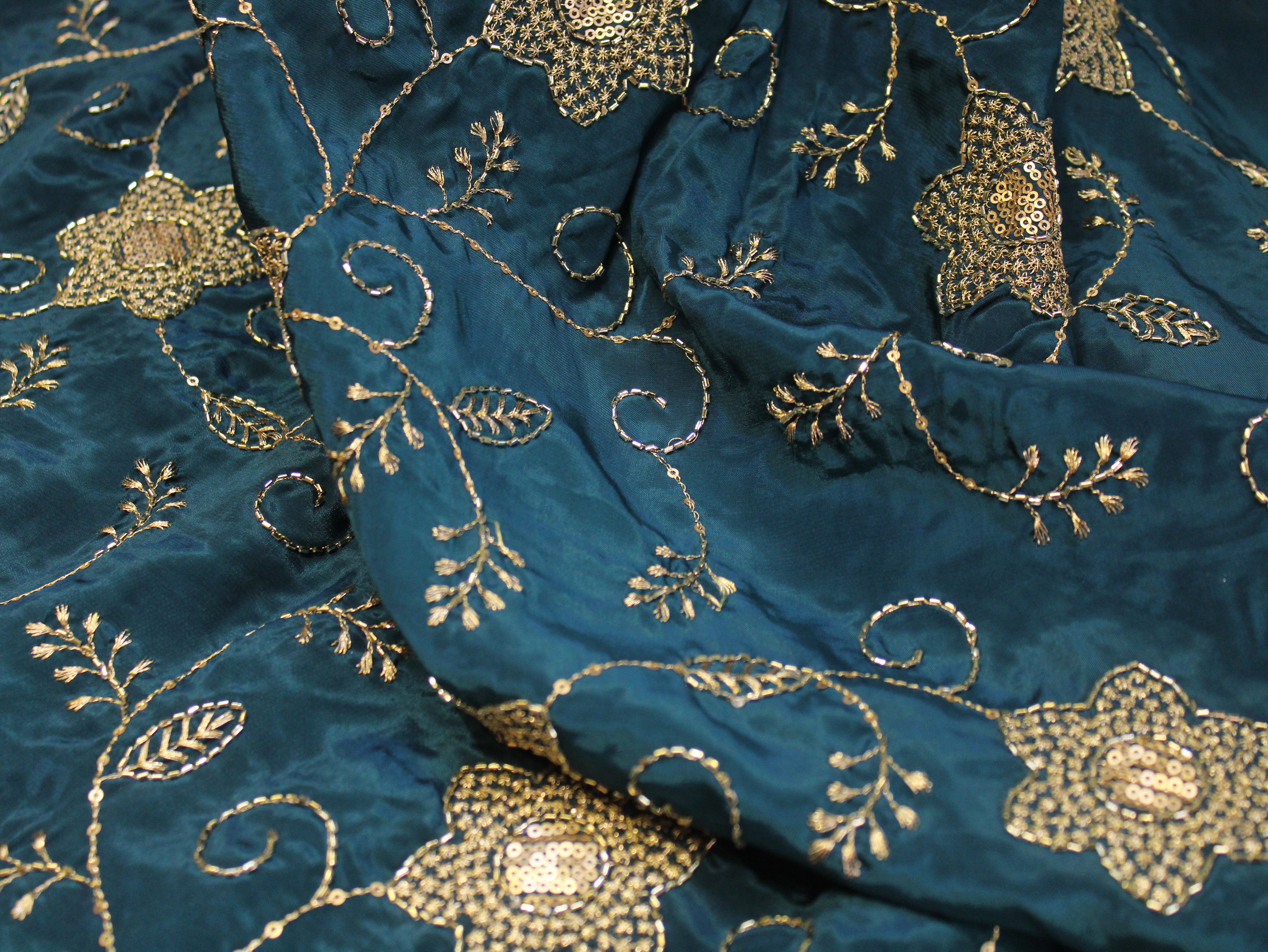 Natural Crepe Fabric with Semi Beads, Zari & Sequin Floral Work - Peacock Blue
