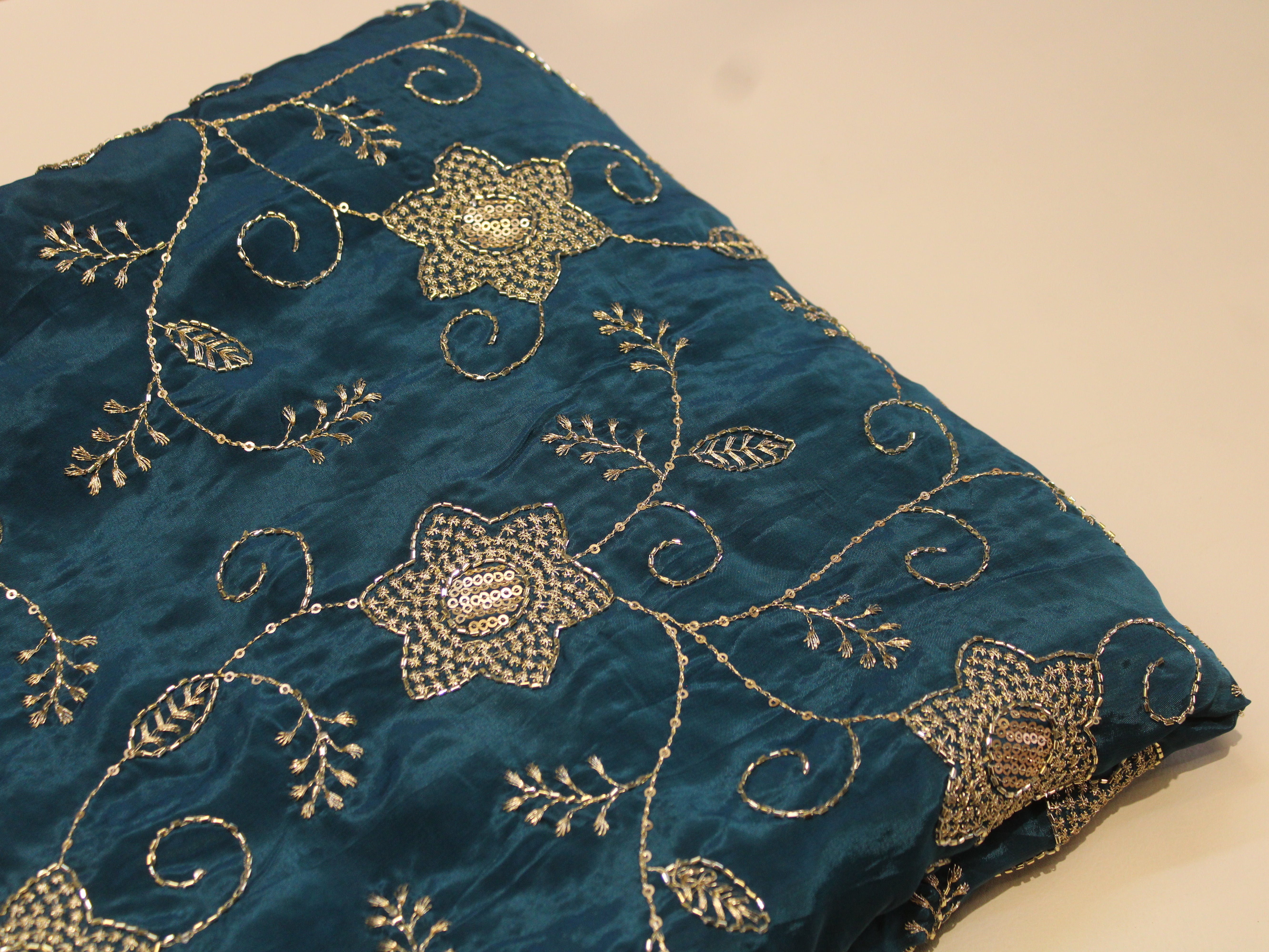 Natural Crepe Fabric with Semi Beads, Zari & Sequin Floral Work - Peacock Blue