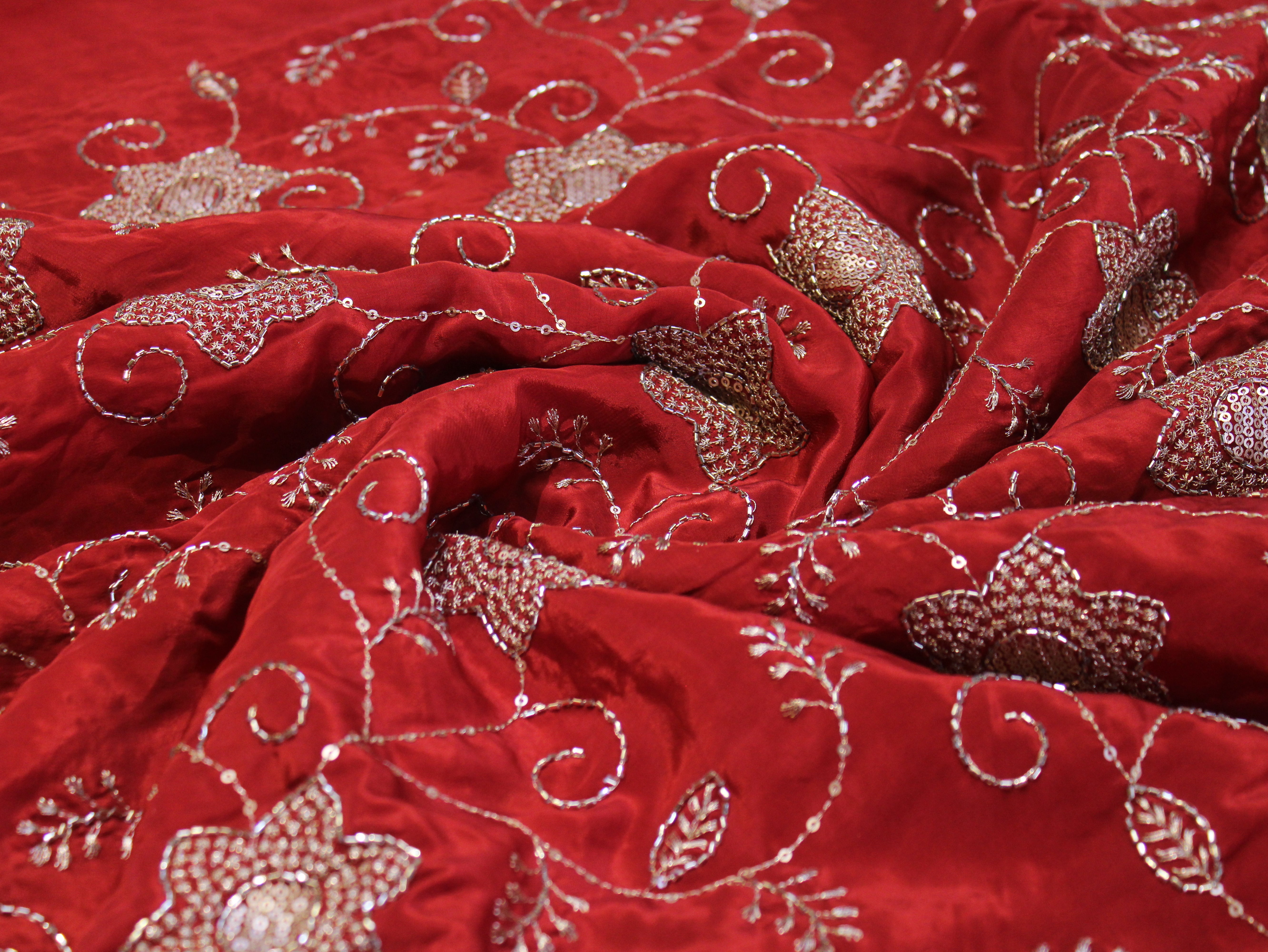 Natural Crepe Fabric with Semi Beads, Zari & Sequin Floral Work - Rust Orange