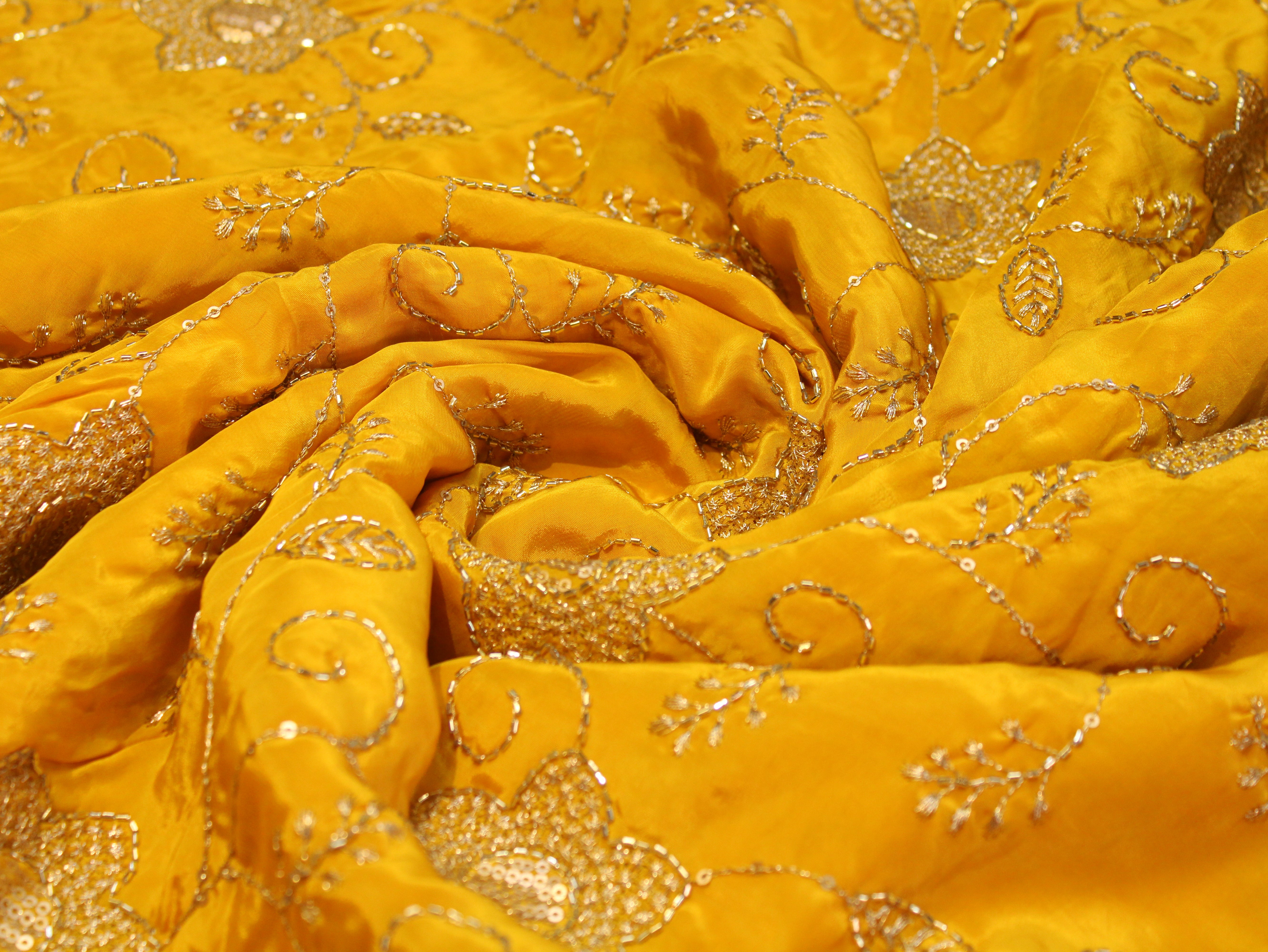 Natural Crepe Fabric with Semi Beads, Zari & Sequin Floral Work - Yellow