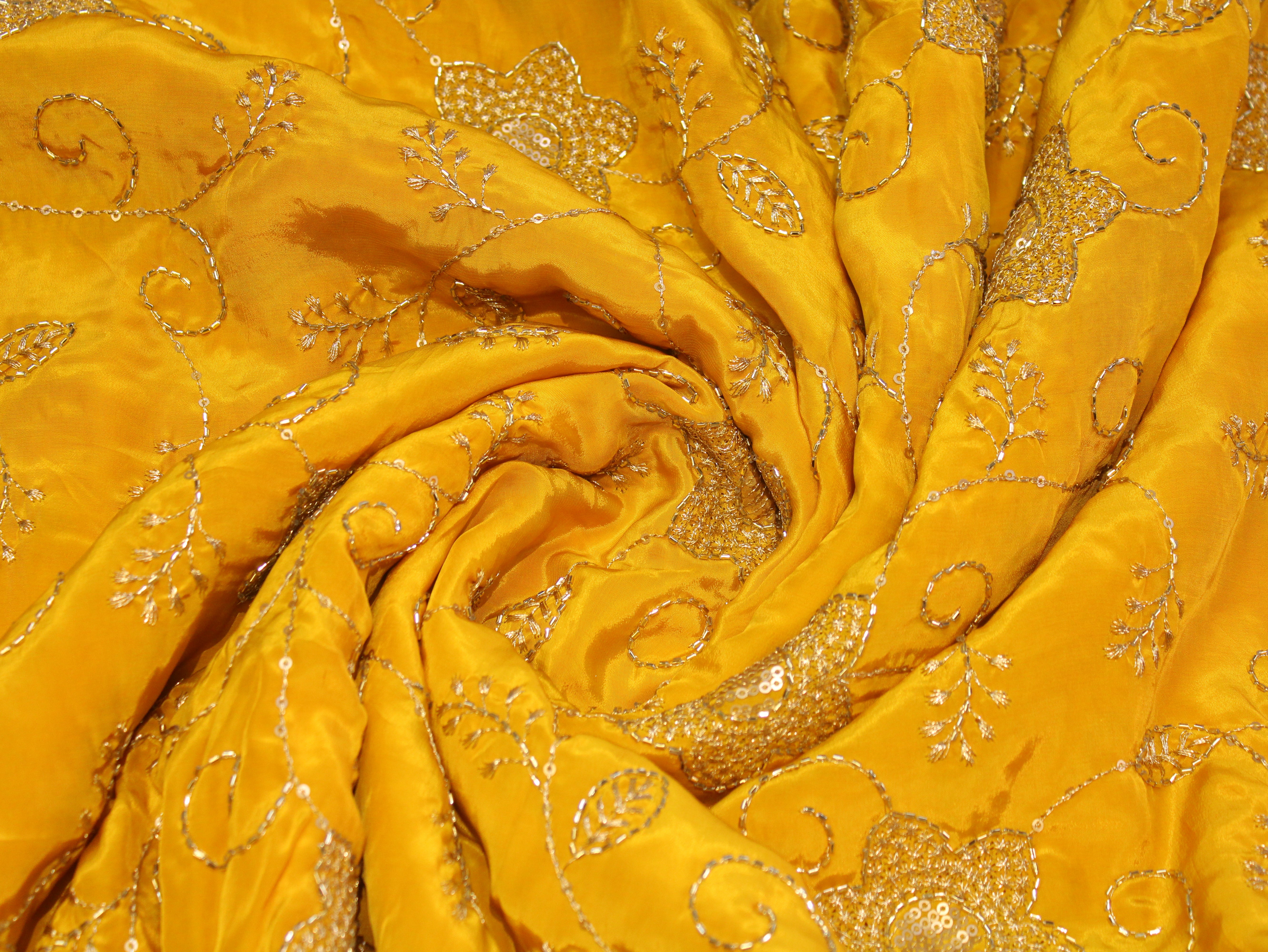 Natural Crepe Fabric with Semi Beads, Zari & Sequin Floral Work - Yellow