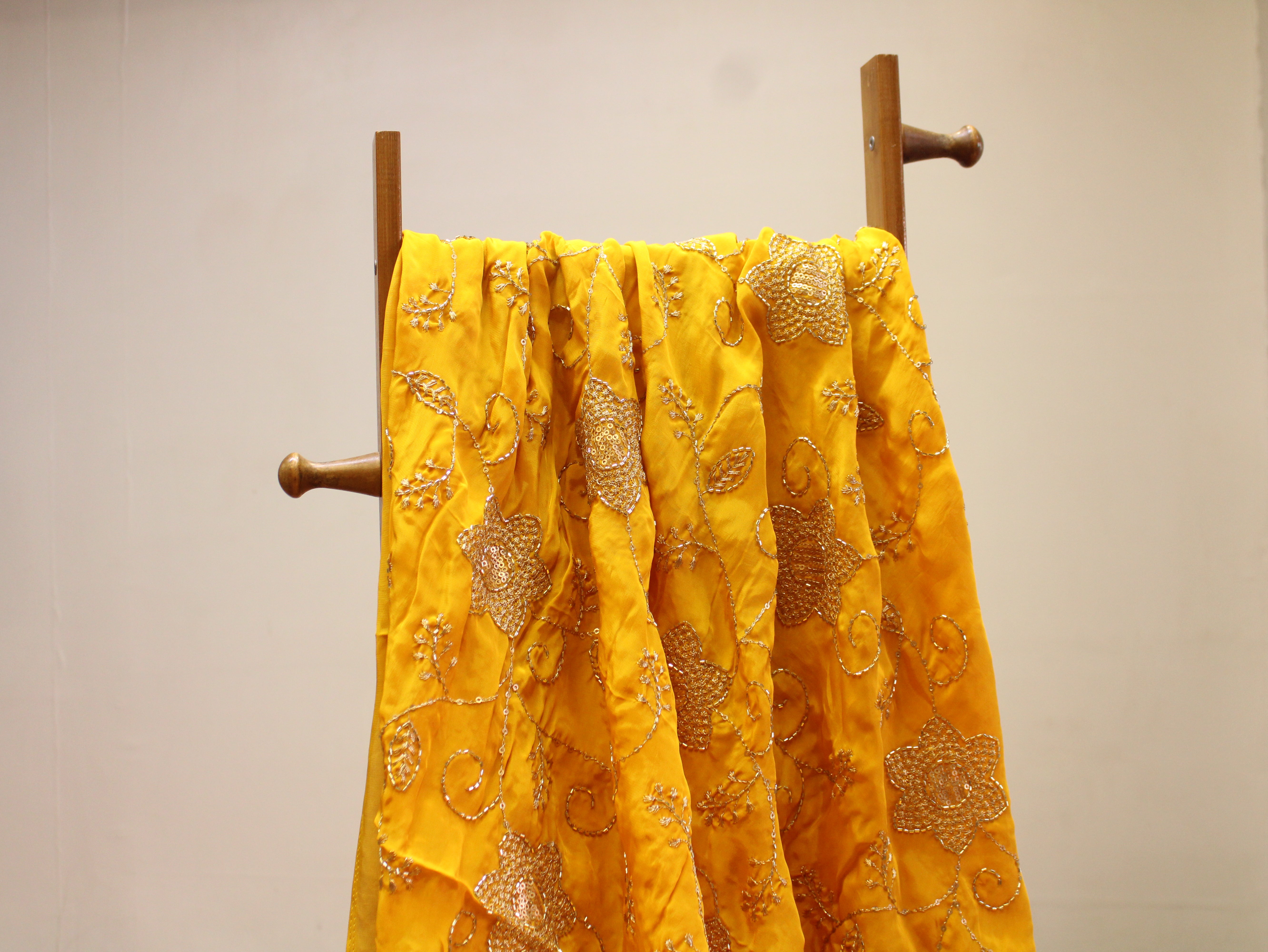 Natural Crepe Fabric with Semi Beads, Zari & Sequin Floral Work - Yellow