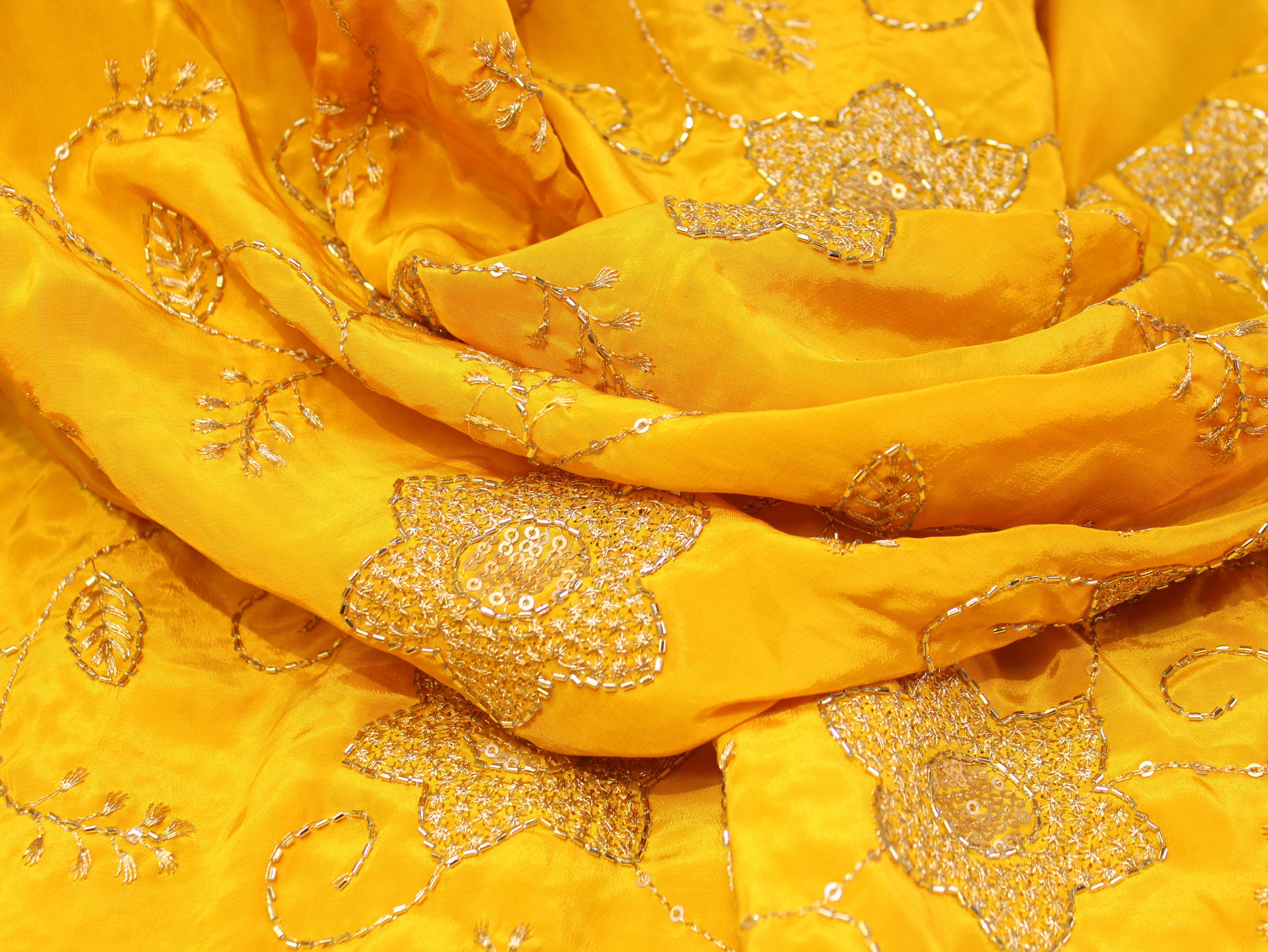 Natural Crepe Fabric with Semi Beads, Zari & Sequin Floral Work - Yellow