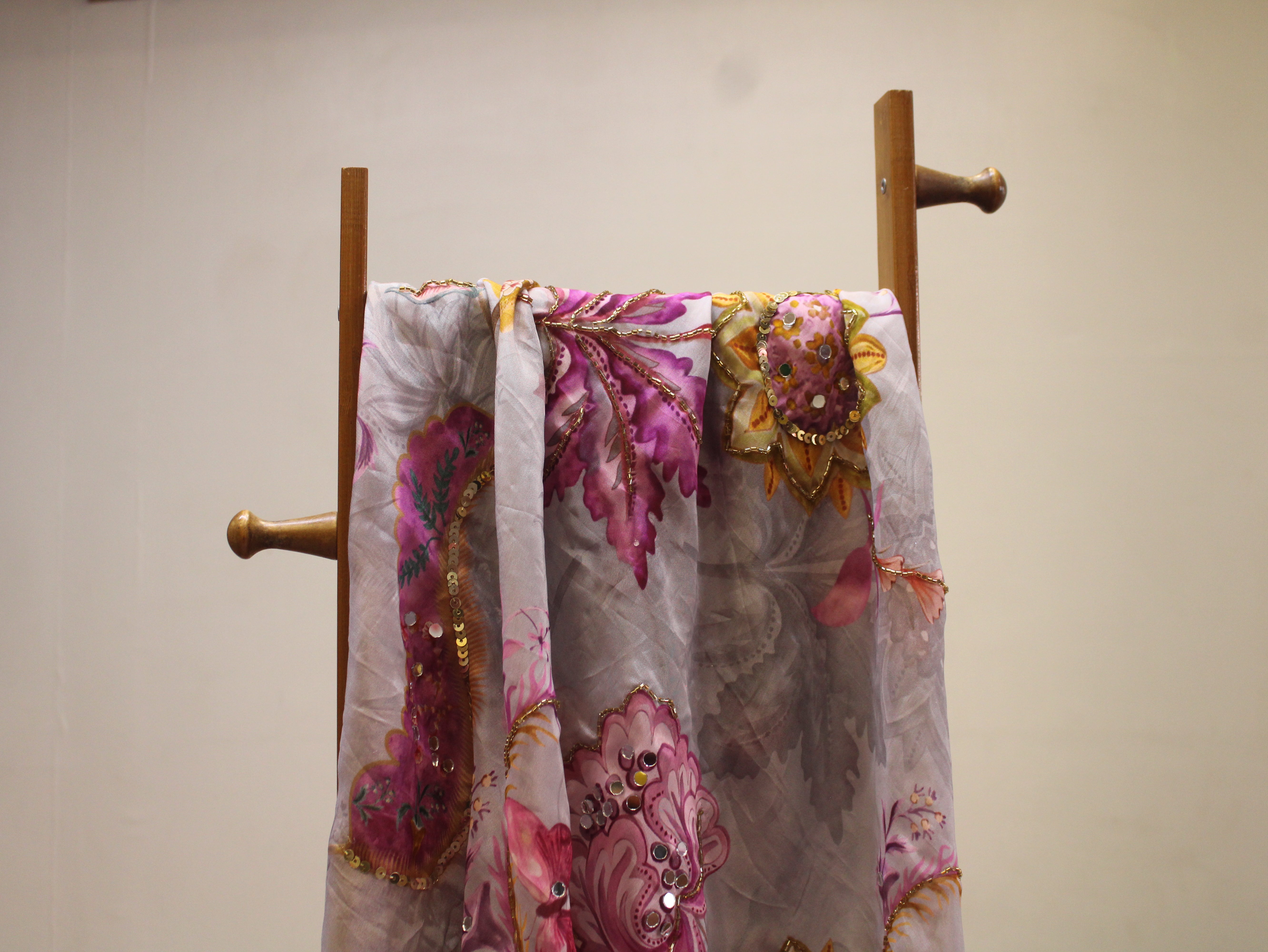 Glass Organza Digital Print Fabric with Position Beads & Mirror Work - Grey
