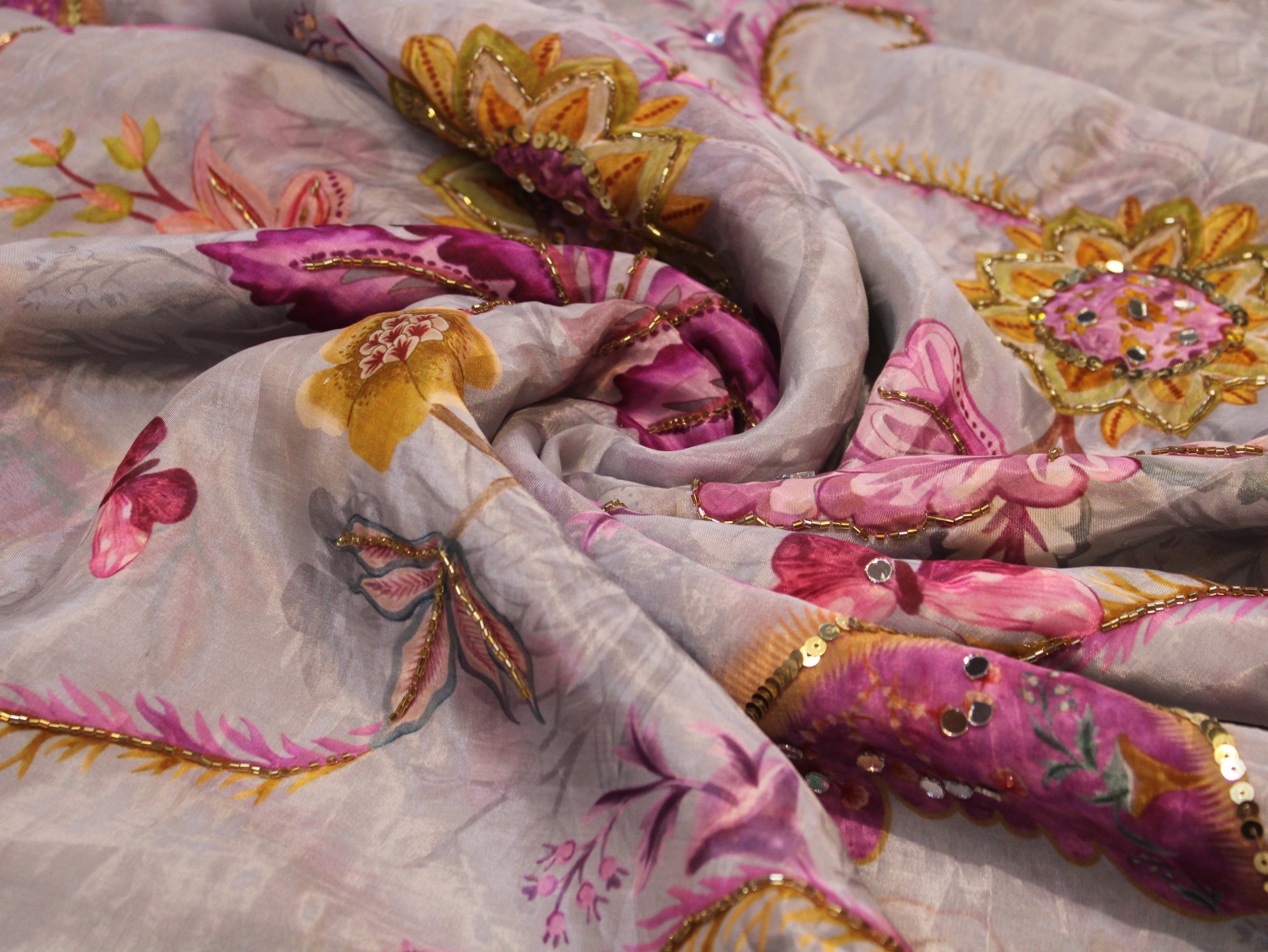 Glass Organza Digital Print Fabric with Position Beads & Mirror Work - Grey