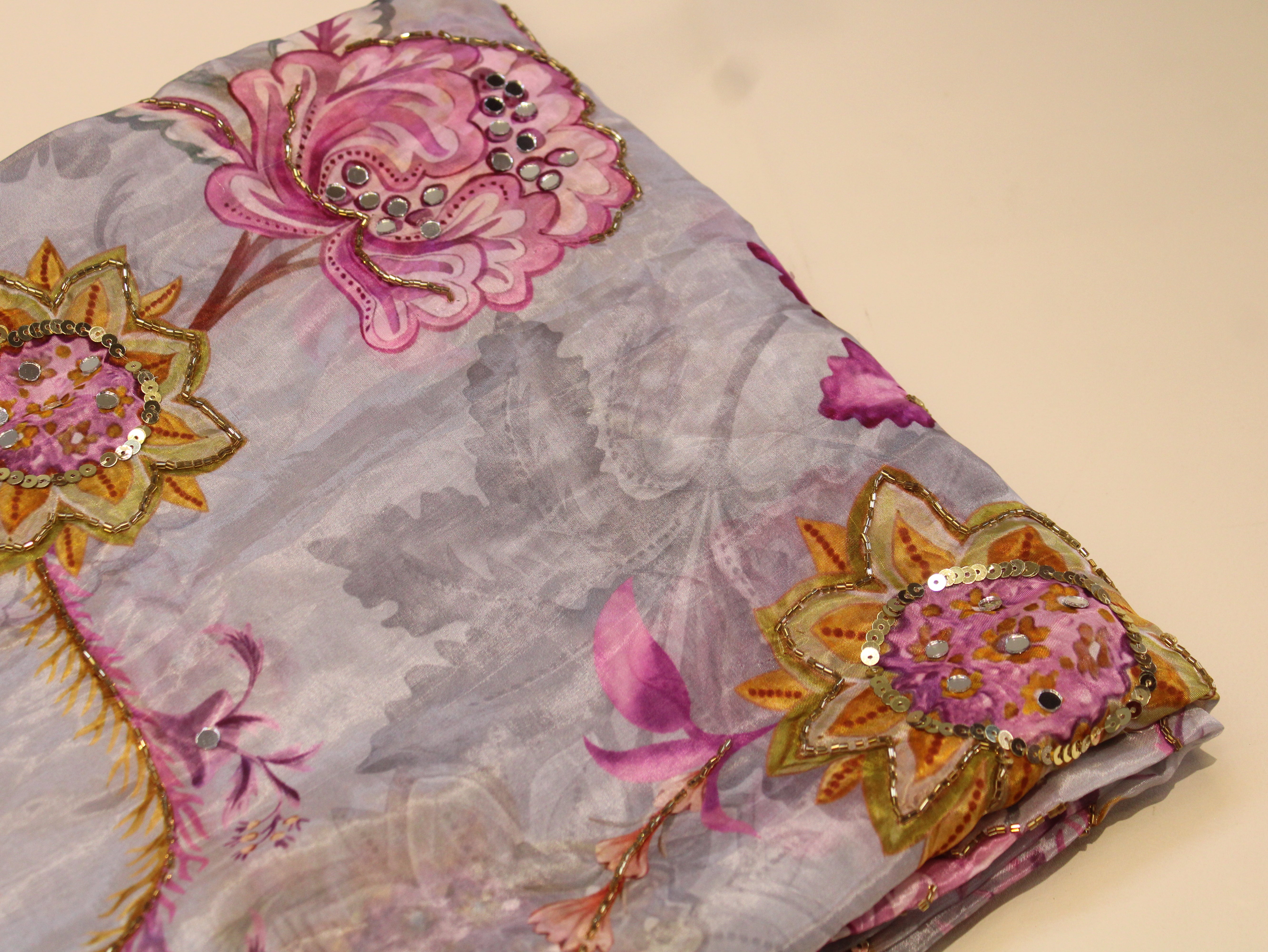 Glass Organza Digital Print Fabric with Position Beads & Mirror Work - Grey