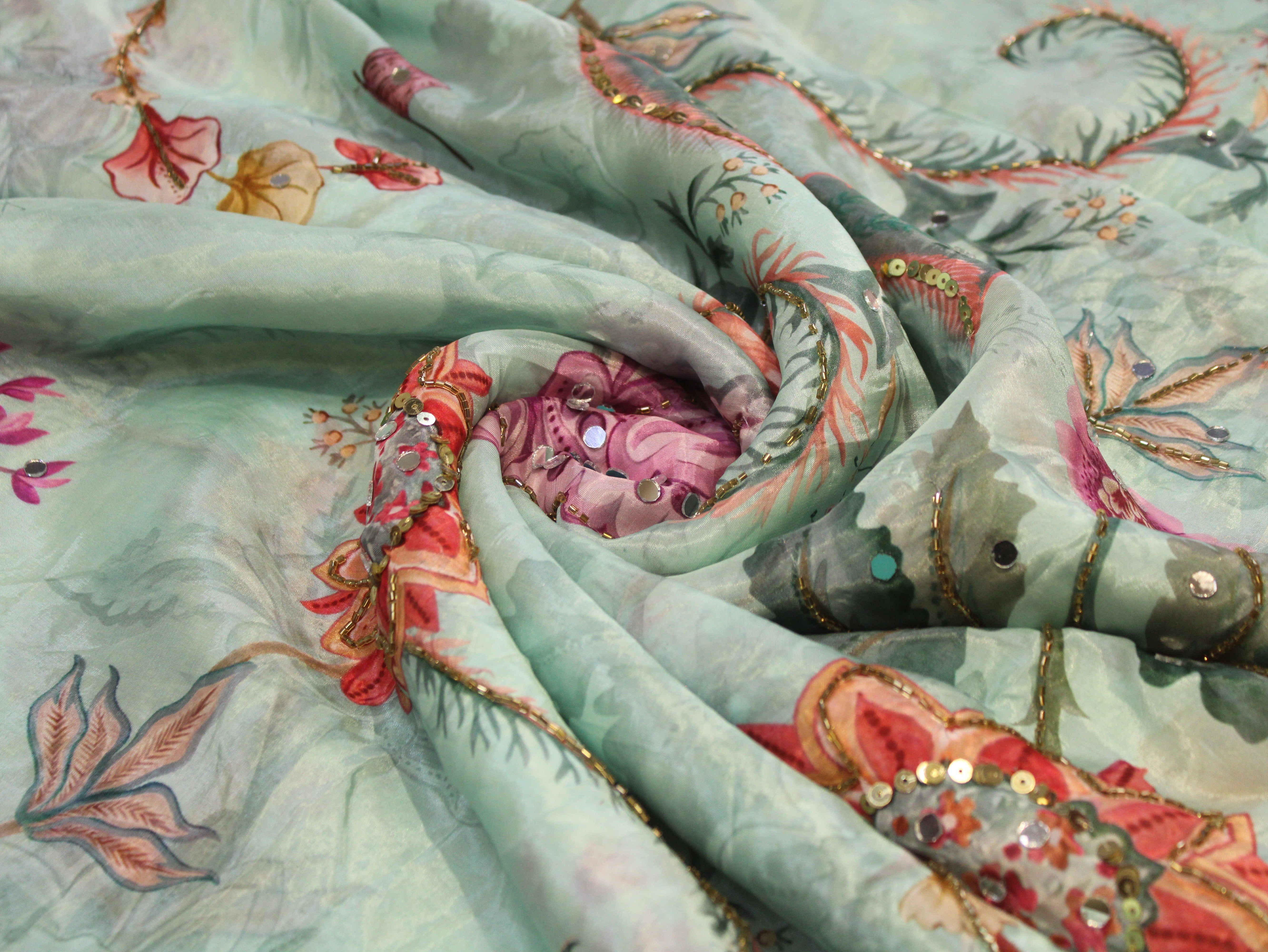 Glass Organza Digital Print Fabric with Position Beads & Mirror Work - Sea Blue