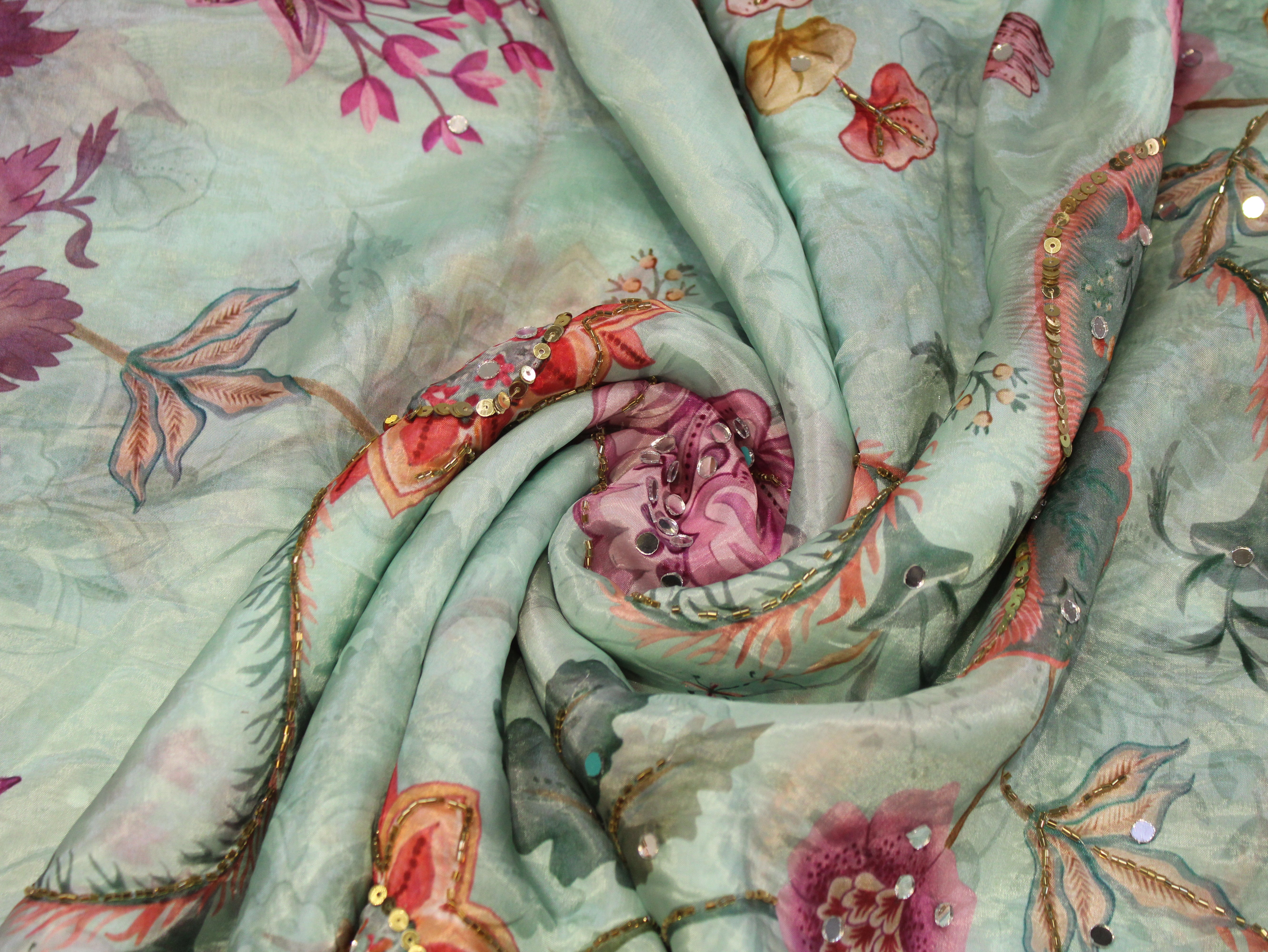 Glass Organza Digital Print Fabric with Position Beads & Mirror Work - Sea Blue