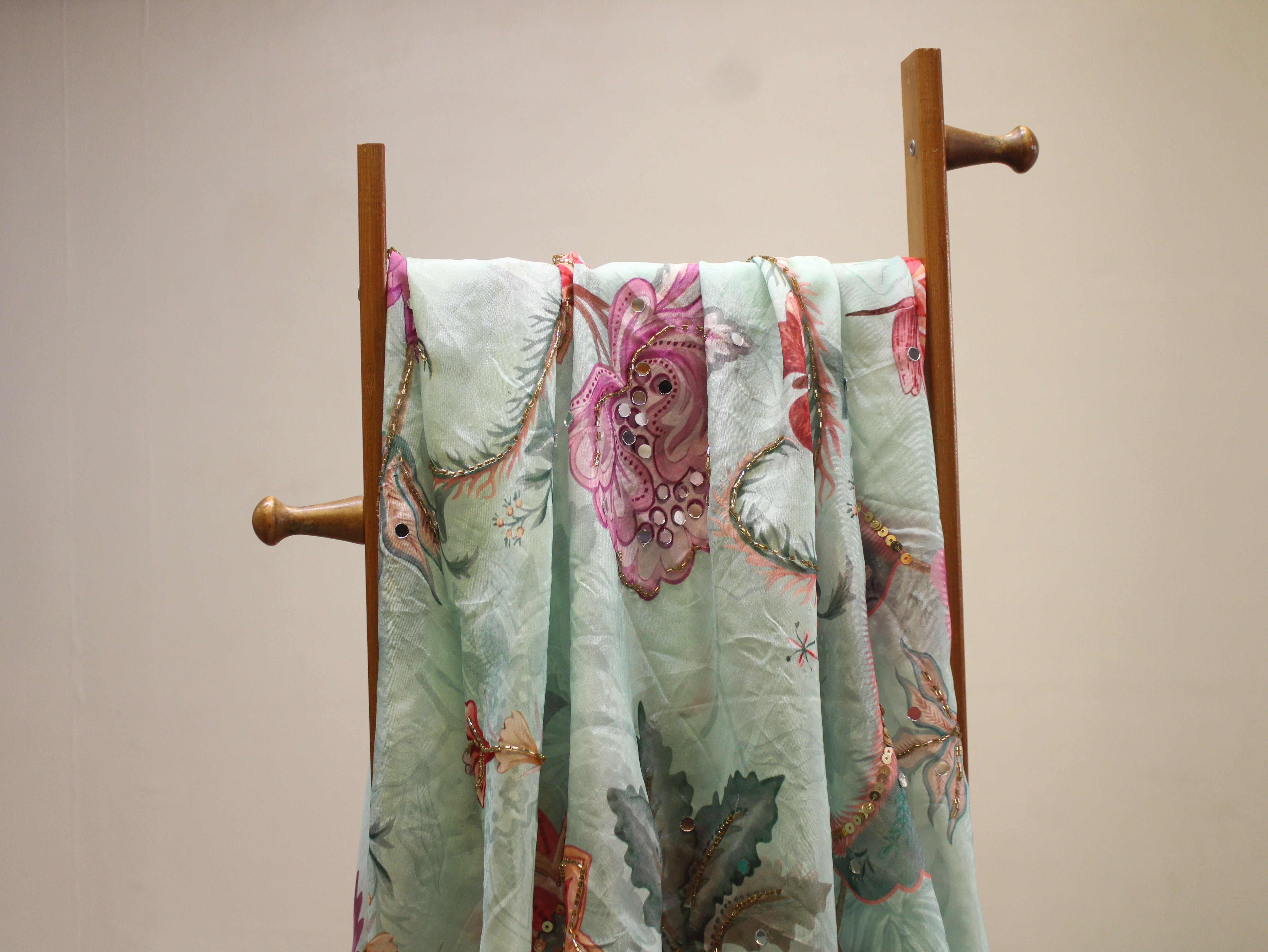 Glass Organza Digital Print Fabric with Position Beads & Mirror Work - Sea Blue