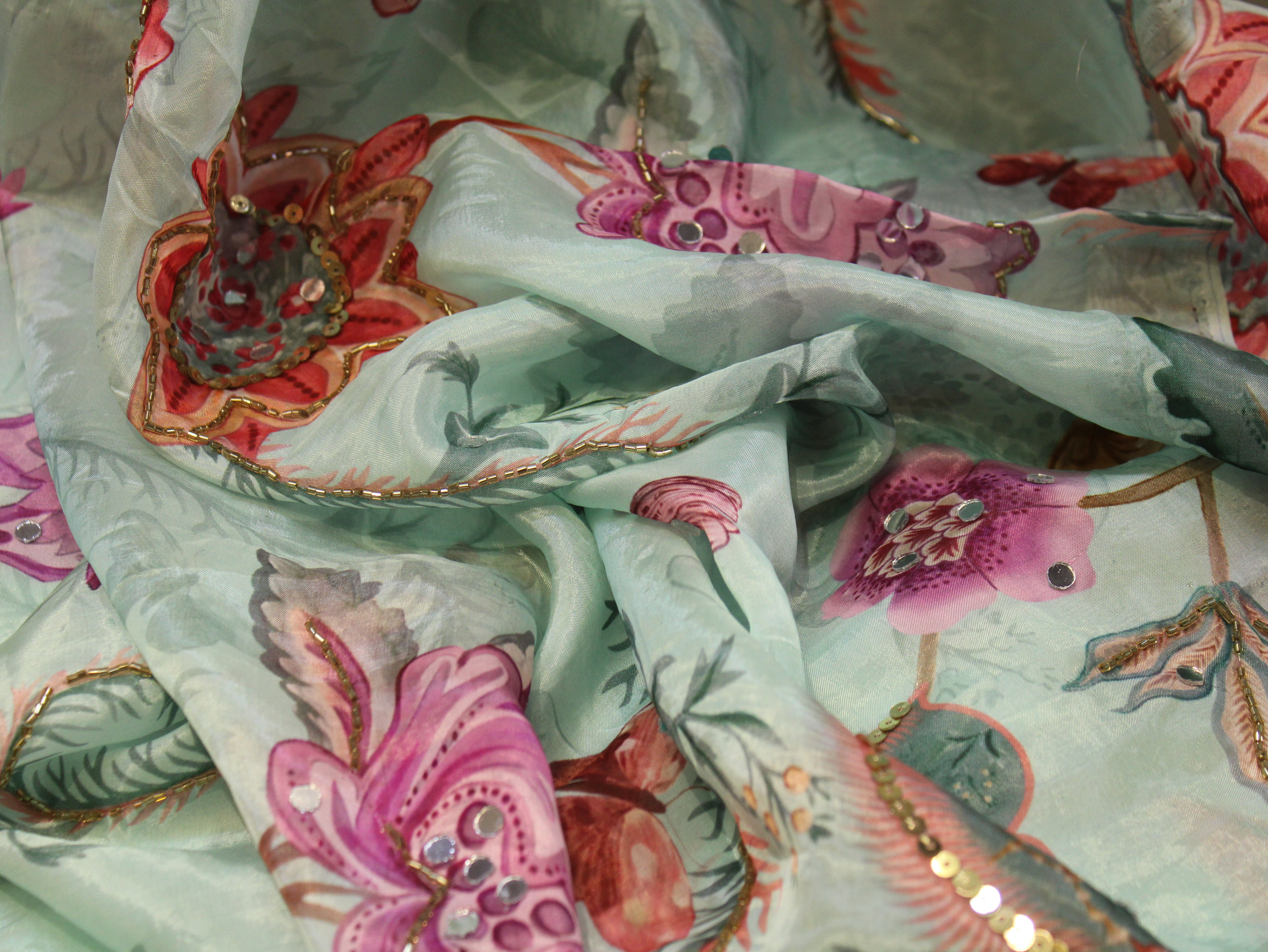 Glass Organza Digital Print Fabric with Position Beads & Mirror Work - Sea Blue