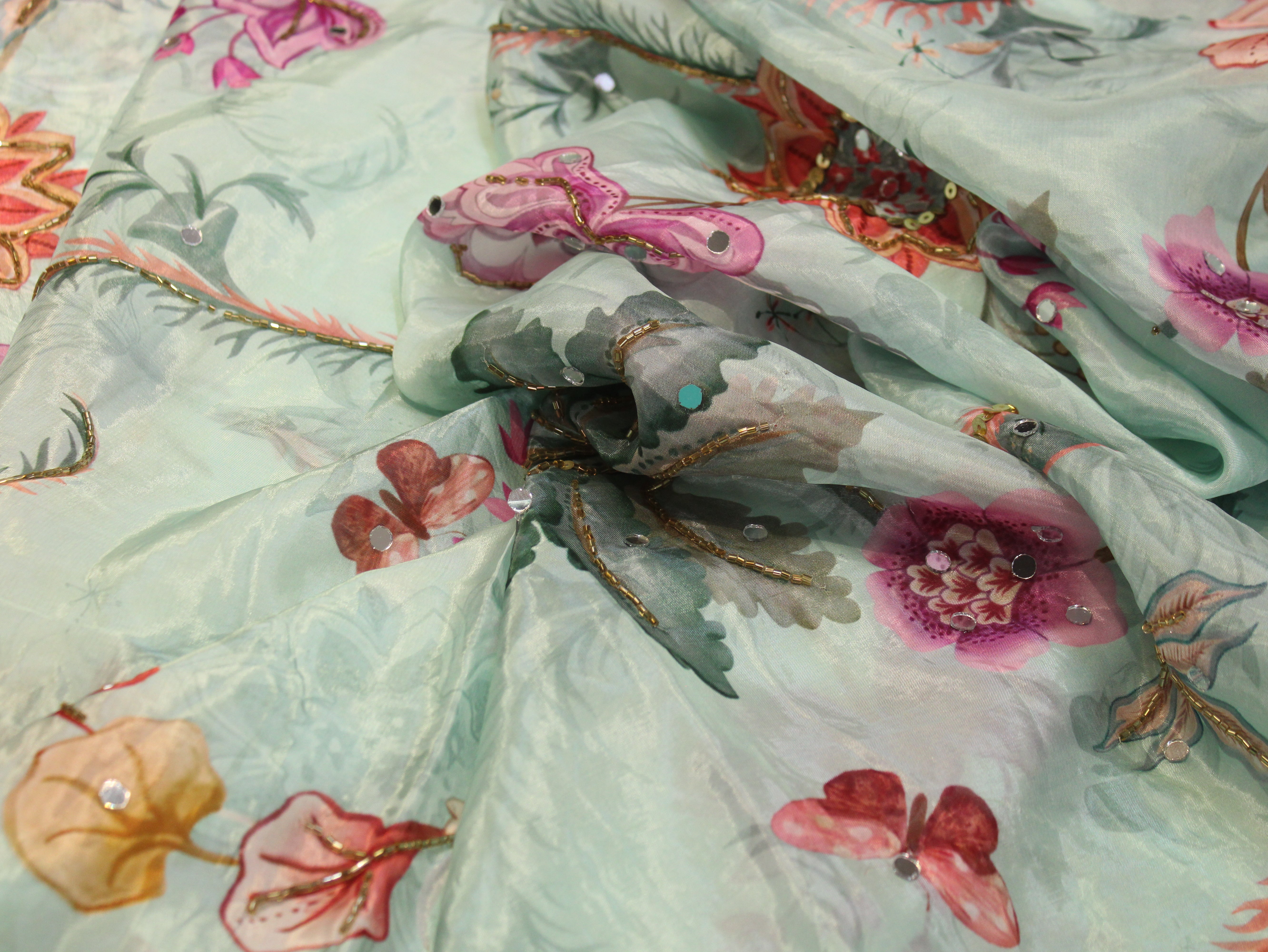 Glass Organza Digital Print Fabric with Position Beads & Mirror Work - Sea Blue