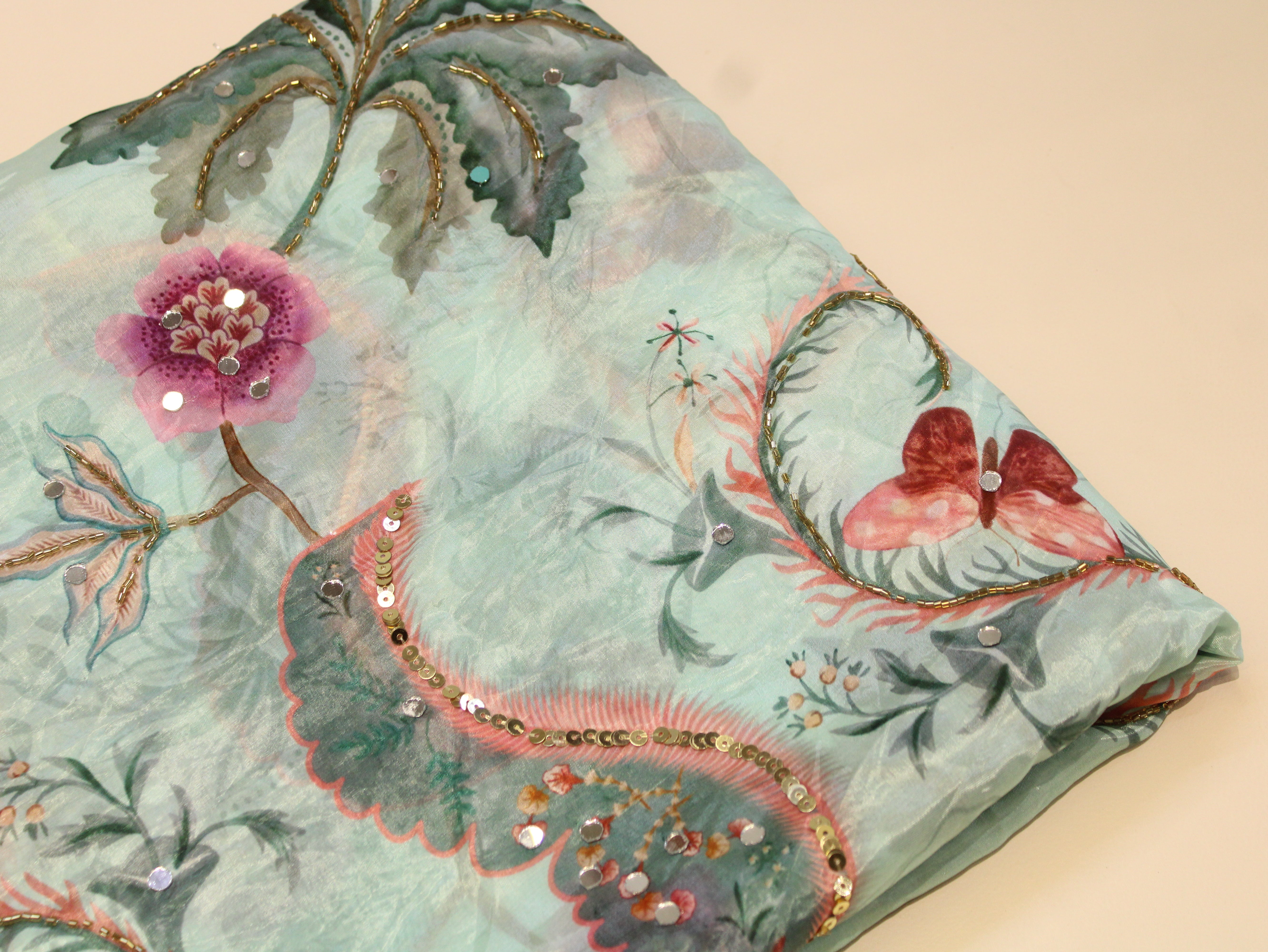 Glass Organza Digital Print Fabric with Position Beads & Mirror Work - Sea Blue