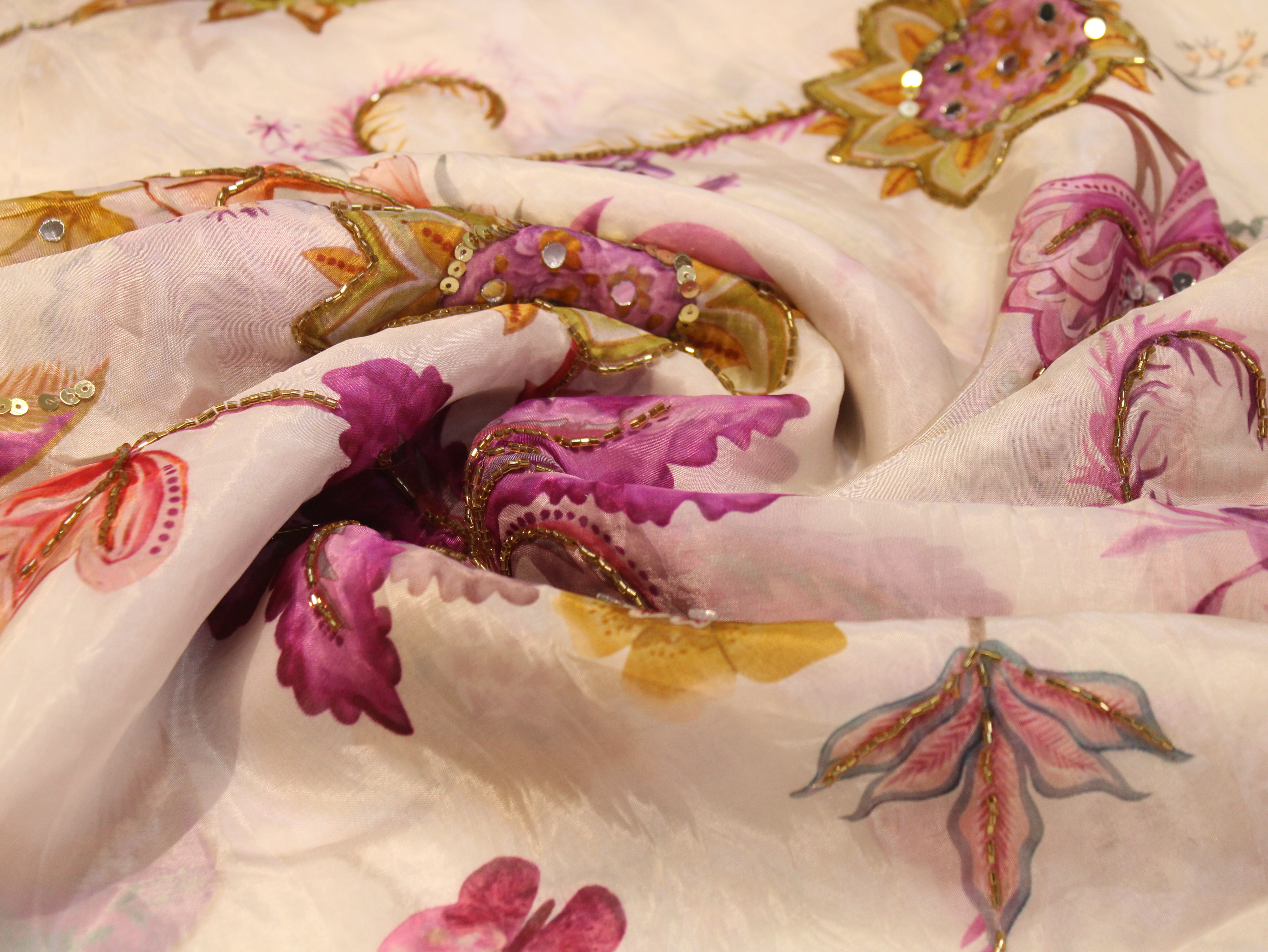 Glass Organza Digital Print Fabric with Position Beads & Mirror Work - White