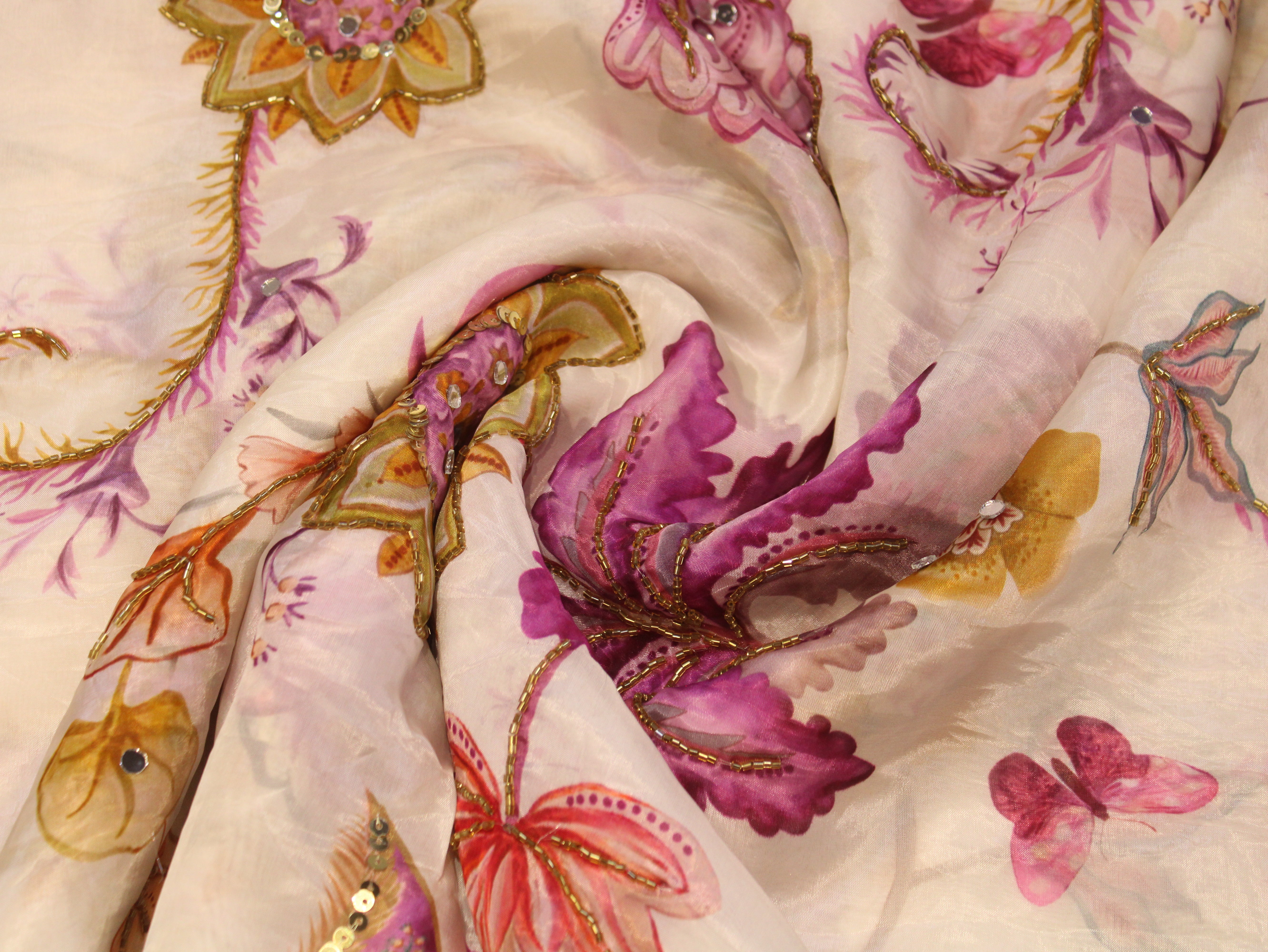 Glass Organza Digital Print Fabric with Position Beads & Mirror Work - White