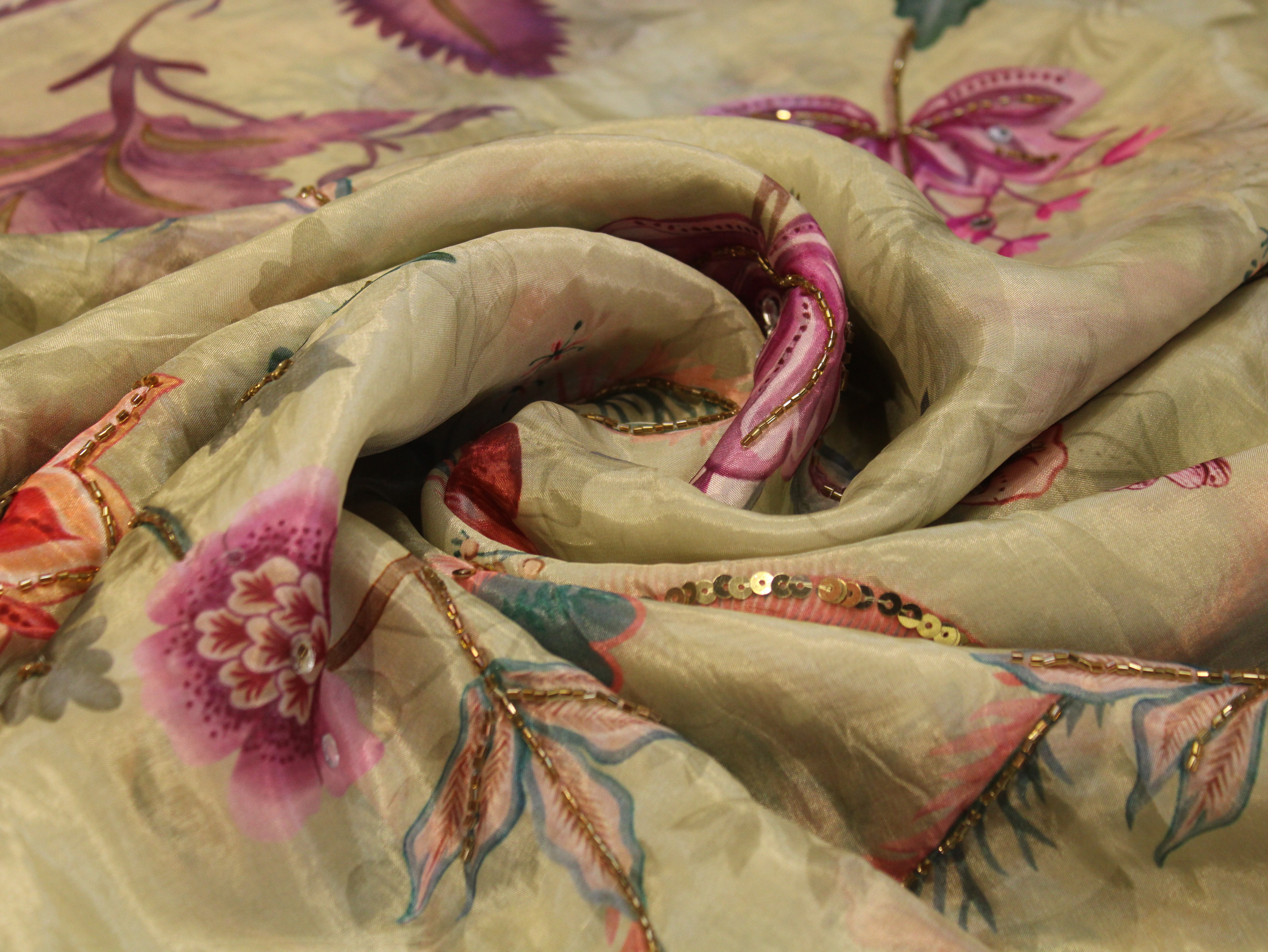 Glass Organza Digital Print Fabric with Position Beads & Mirror Work - Pista Green