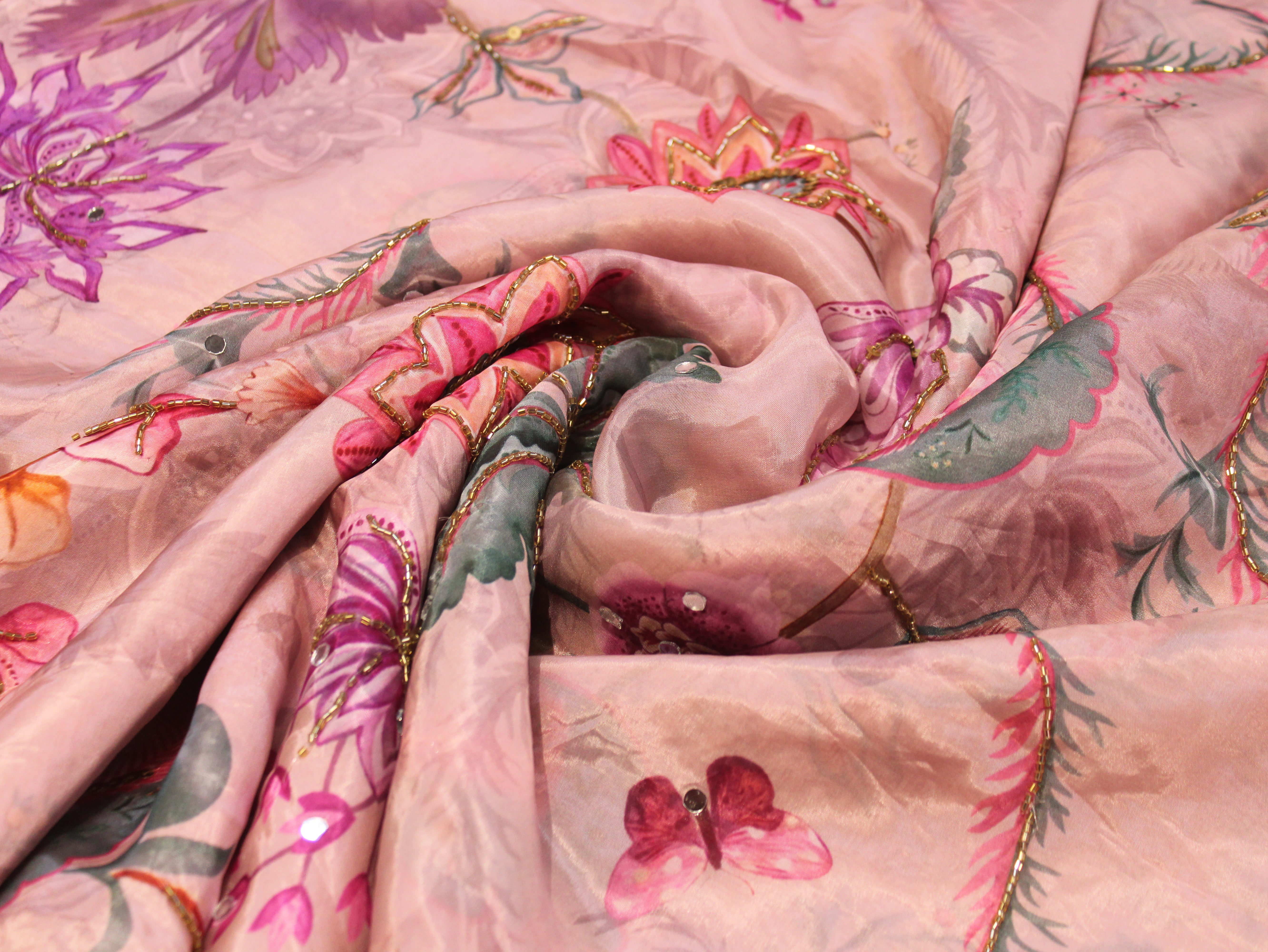 Glass Organza Digital Print Fabric with Position Beads & Mirror Work - Onion