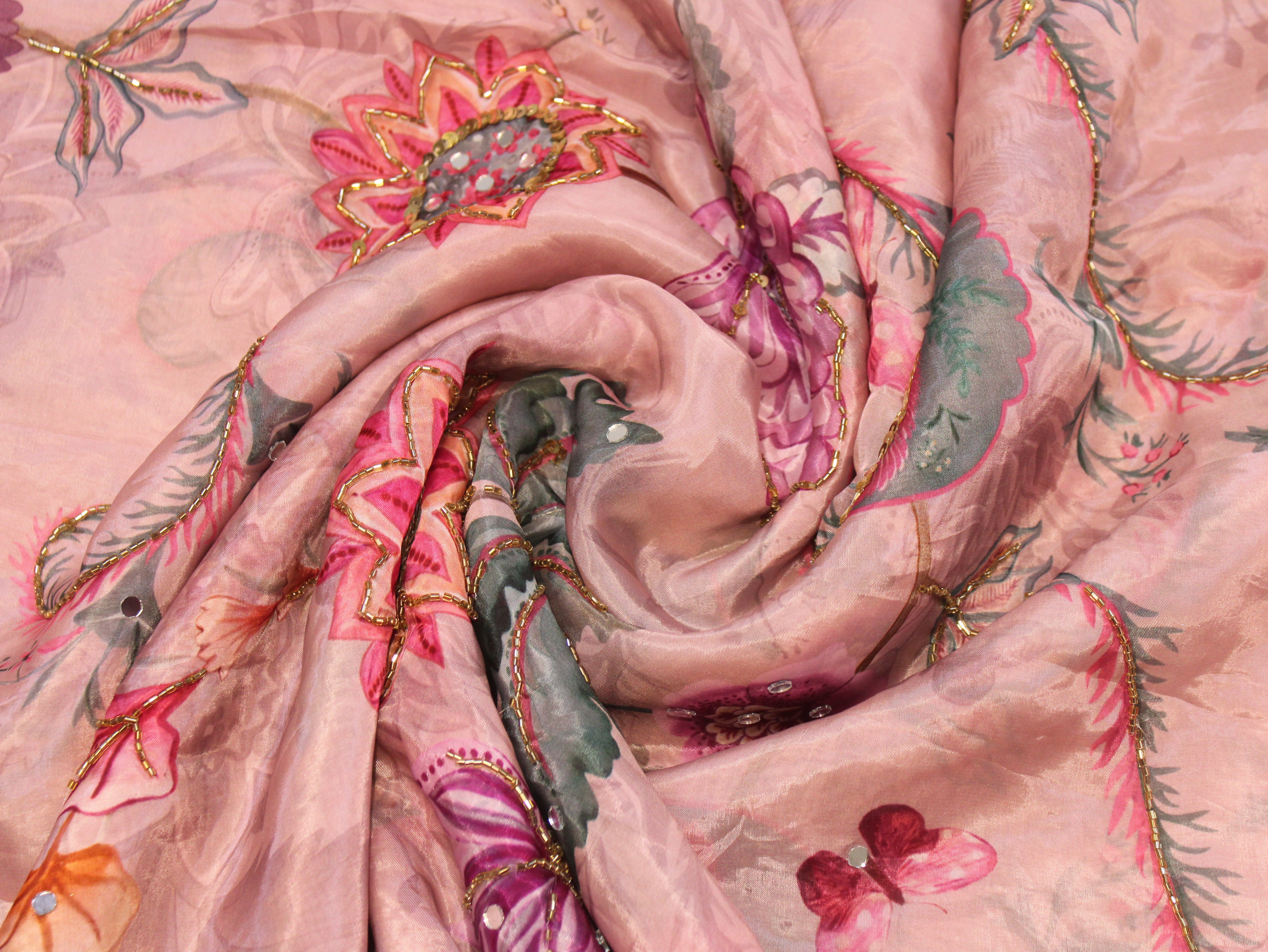 Glass Organza Digital Print Fabric with Position Beads & Mirror Work - Onion