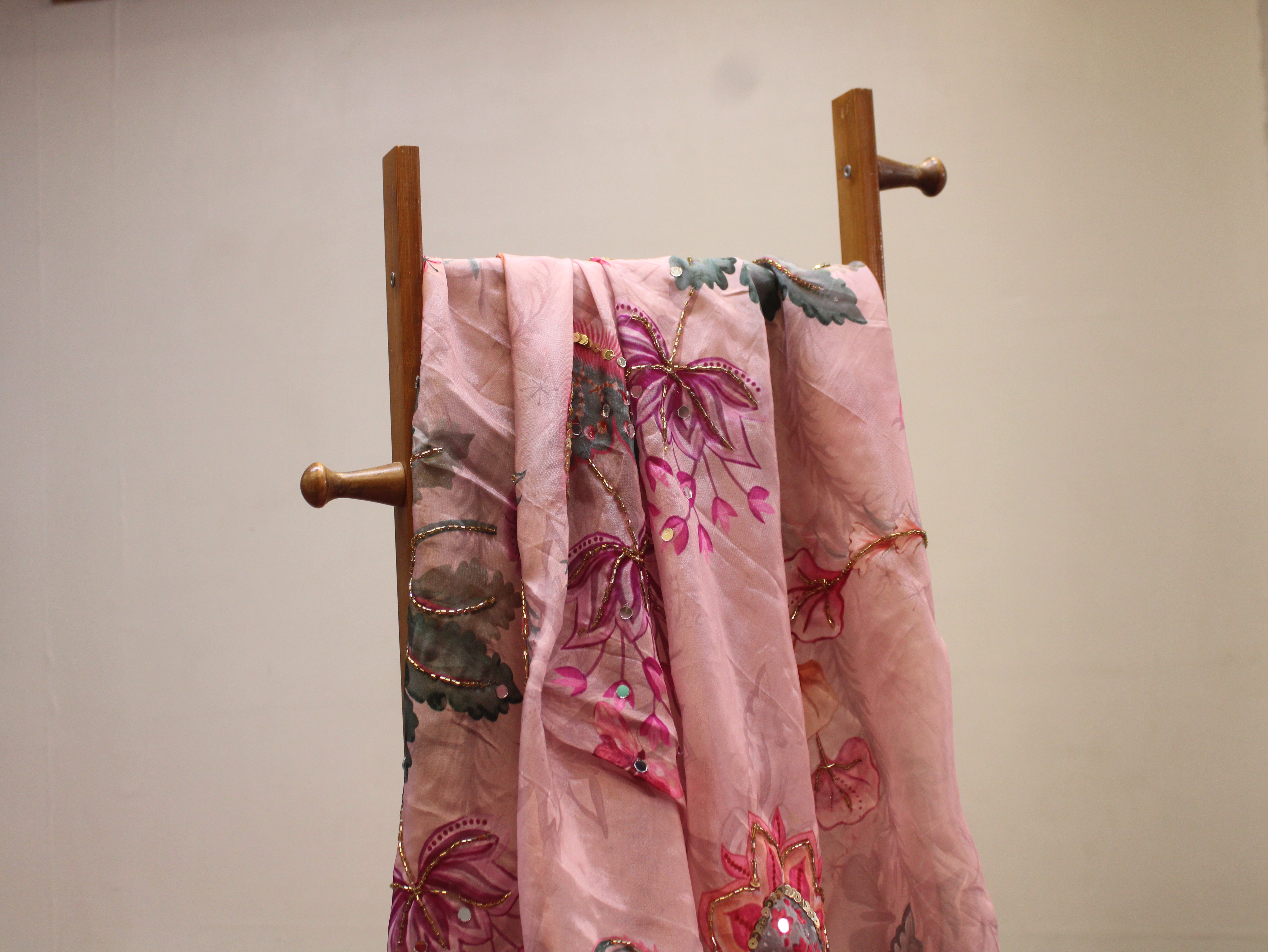 Glass Organza Digital Print Fabric with Position Beads & Mirror Work - Onion