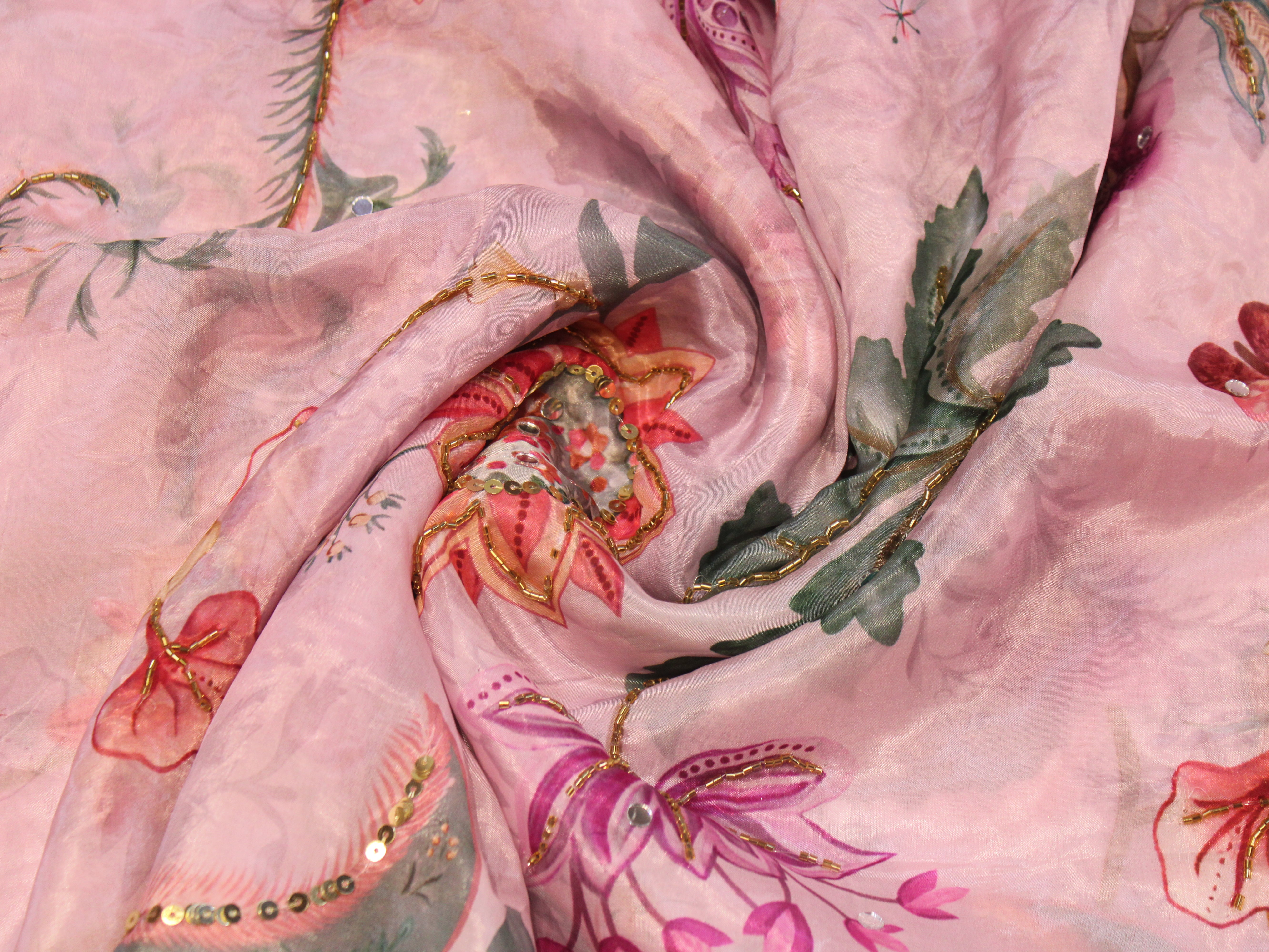 Glass Organza Digital Print Fabric with Position Beads & Mirror Work - Light Pink