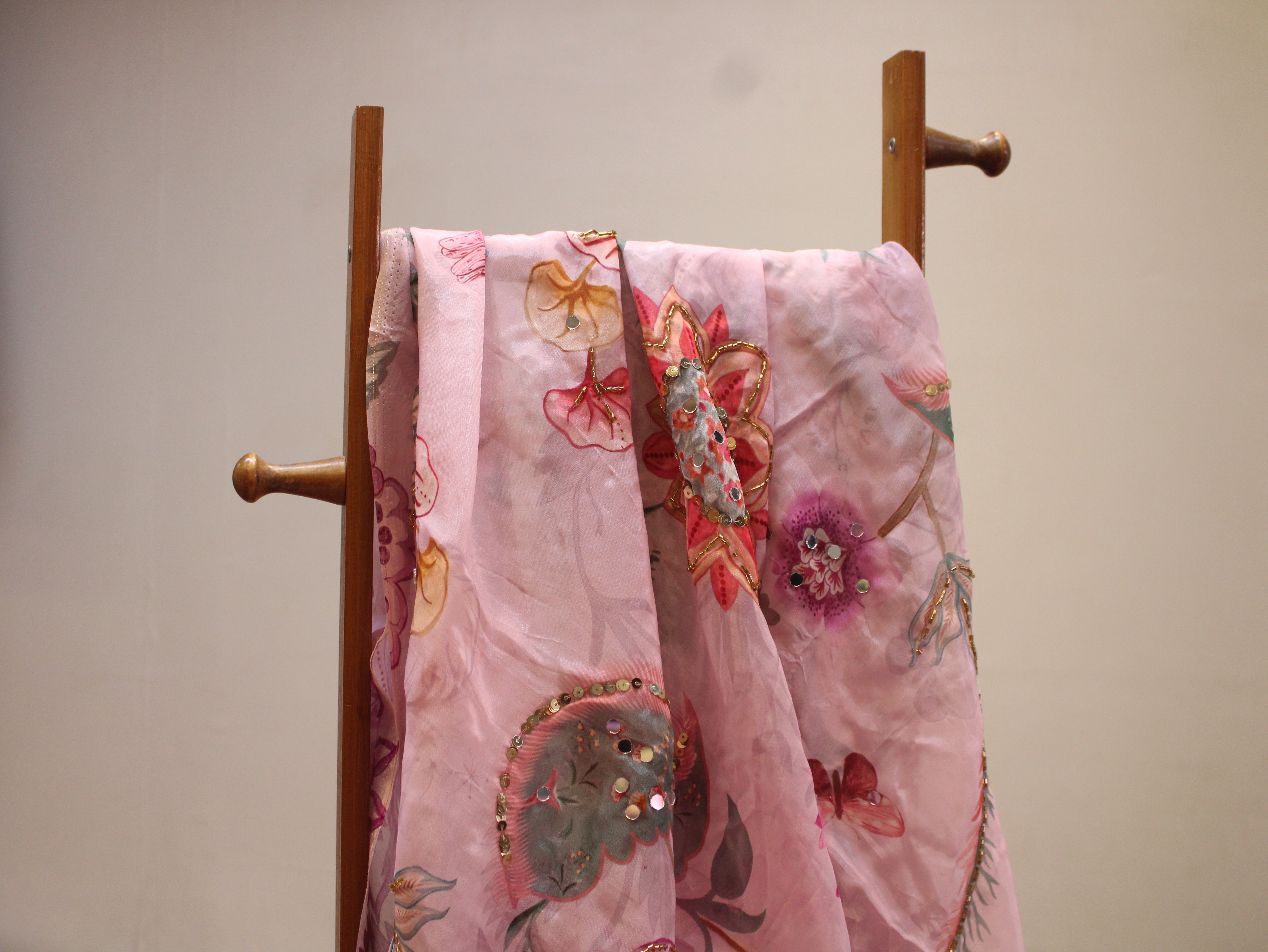 Glass Organza Digital Print Fabric with Position Beads & Mirror Work - Light Pink