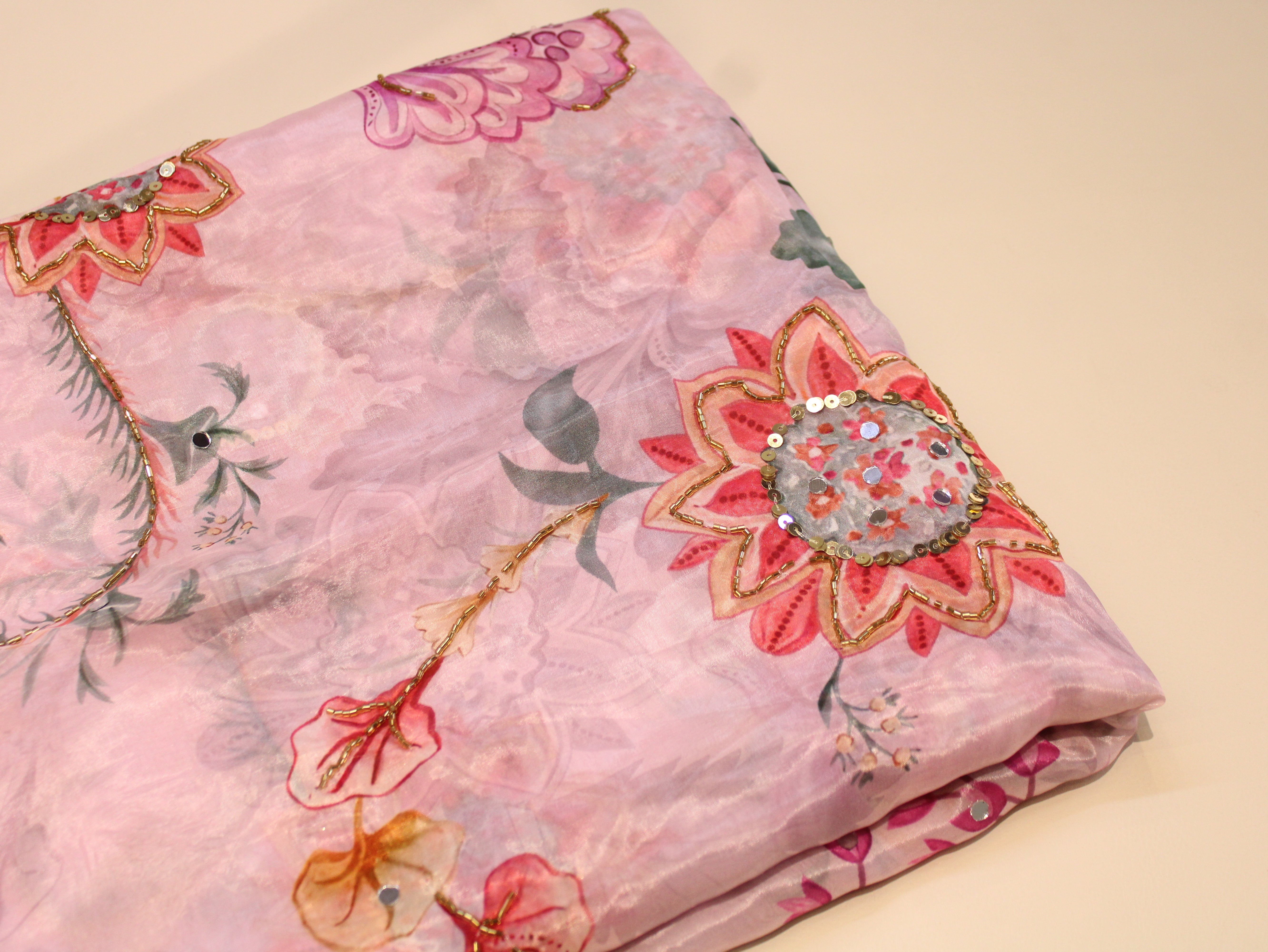 Glass Organza Digital Print Fabric with Position Beads & Mirror Work - Light Pink