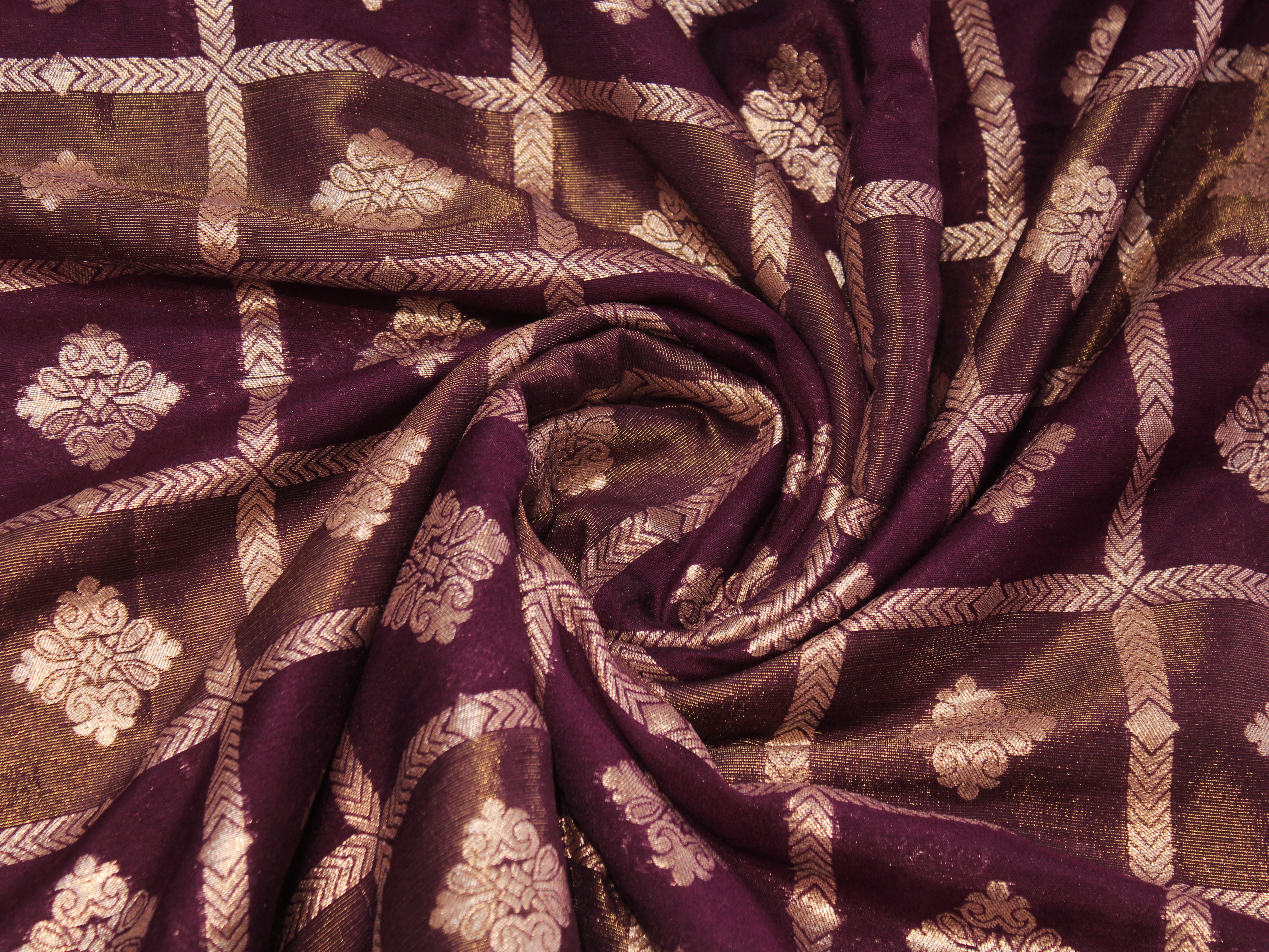 Dola Silk Checked Jacquard Banarasi Fabric | 44 Inch | Wine