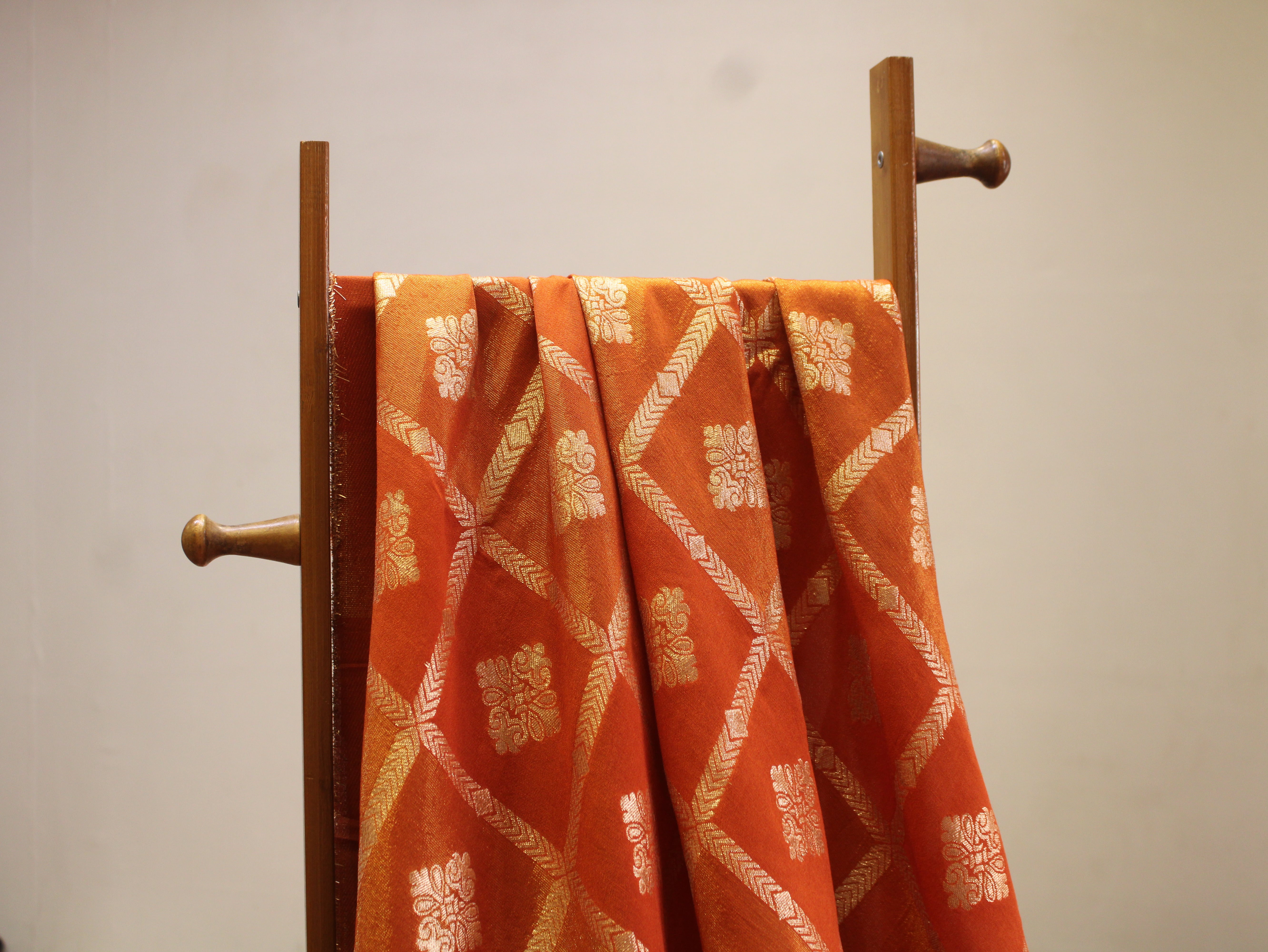 Dola Silk Checked Jacquard Banarasi Fabric | 44 Inch | Orange