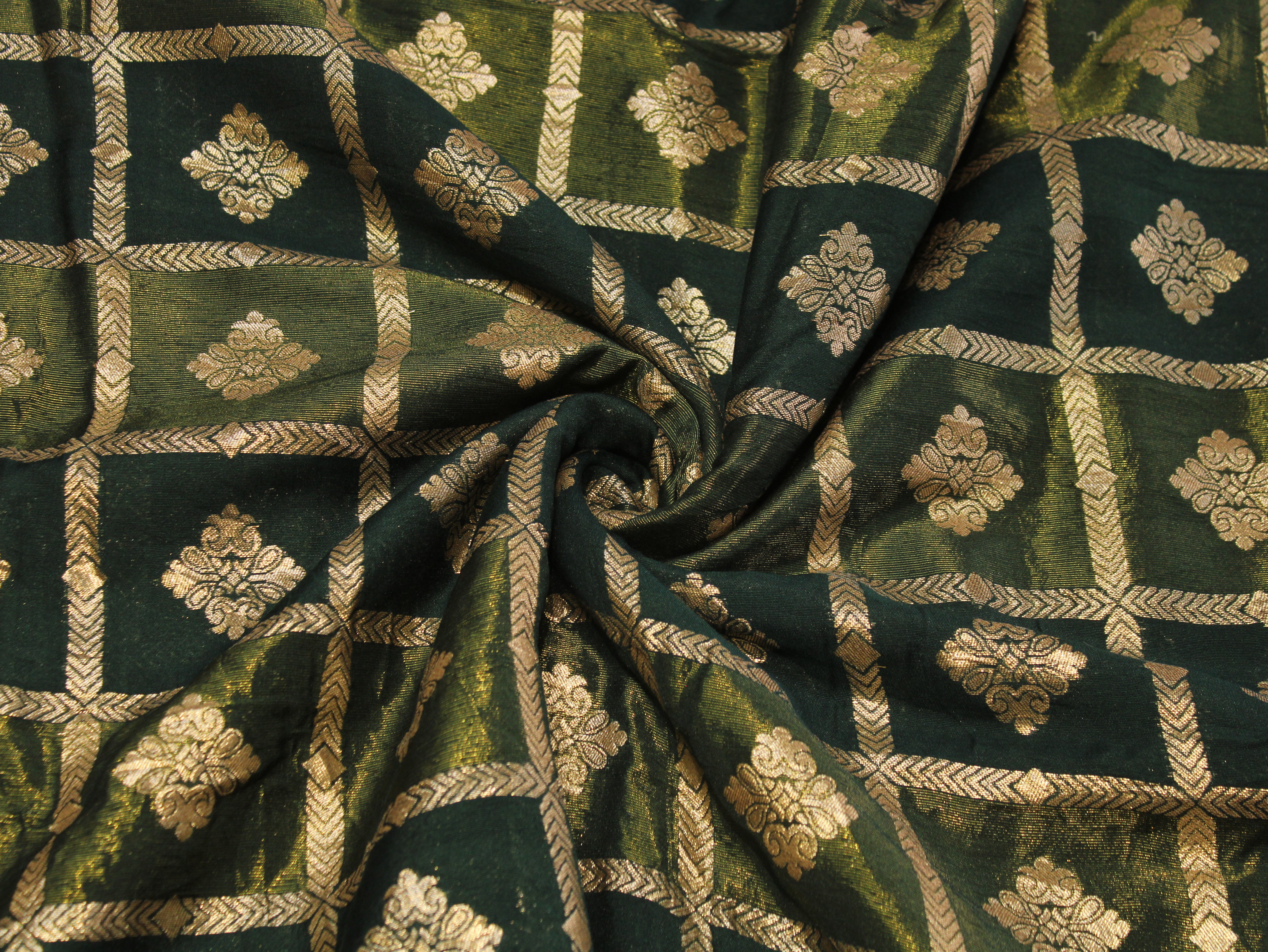 Dola Silk Checked Jacquard Banarasi Fabric | 44 Inch | Green