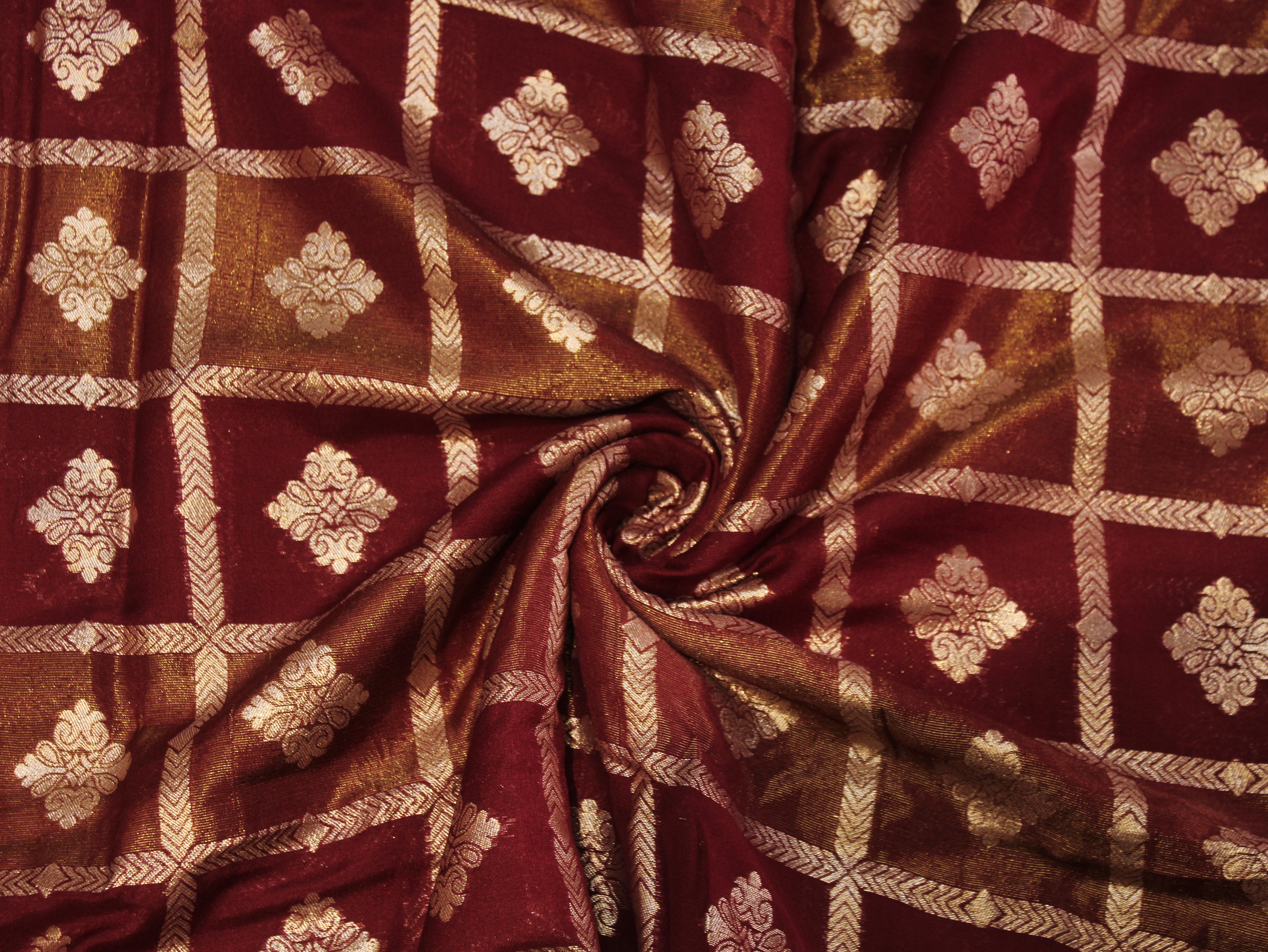 Dola Silk Checked Jacquard Banarasi Fabric | 44 Inch | Maroon