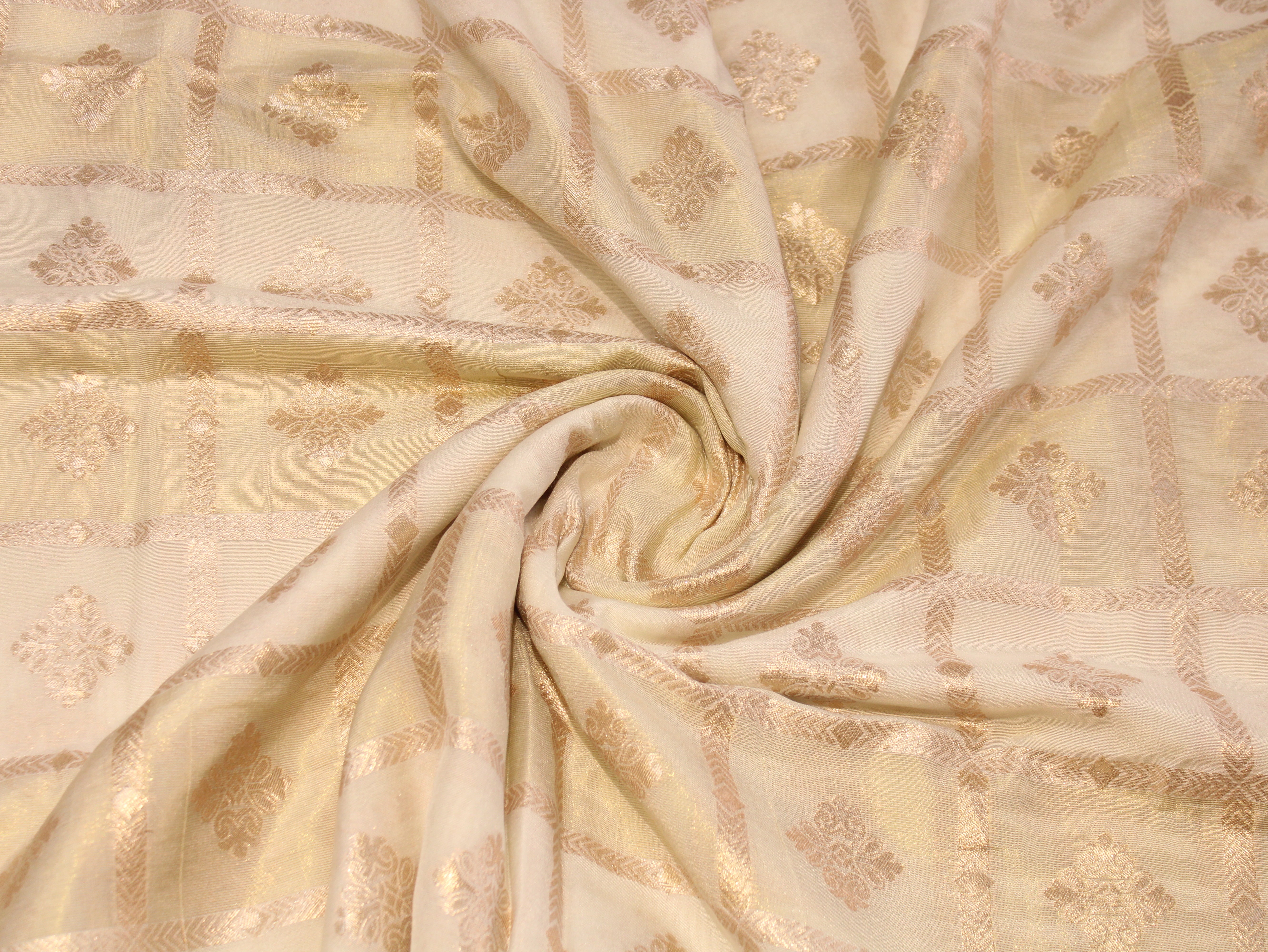Dola Silk Checked Jacquard Banarasi Fabric | 44 Inch | White Dyeable