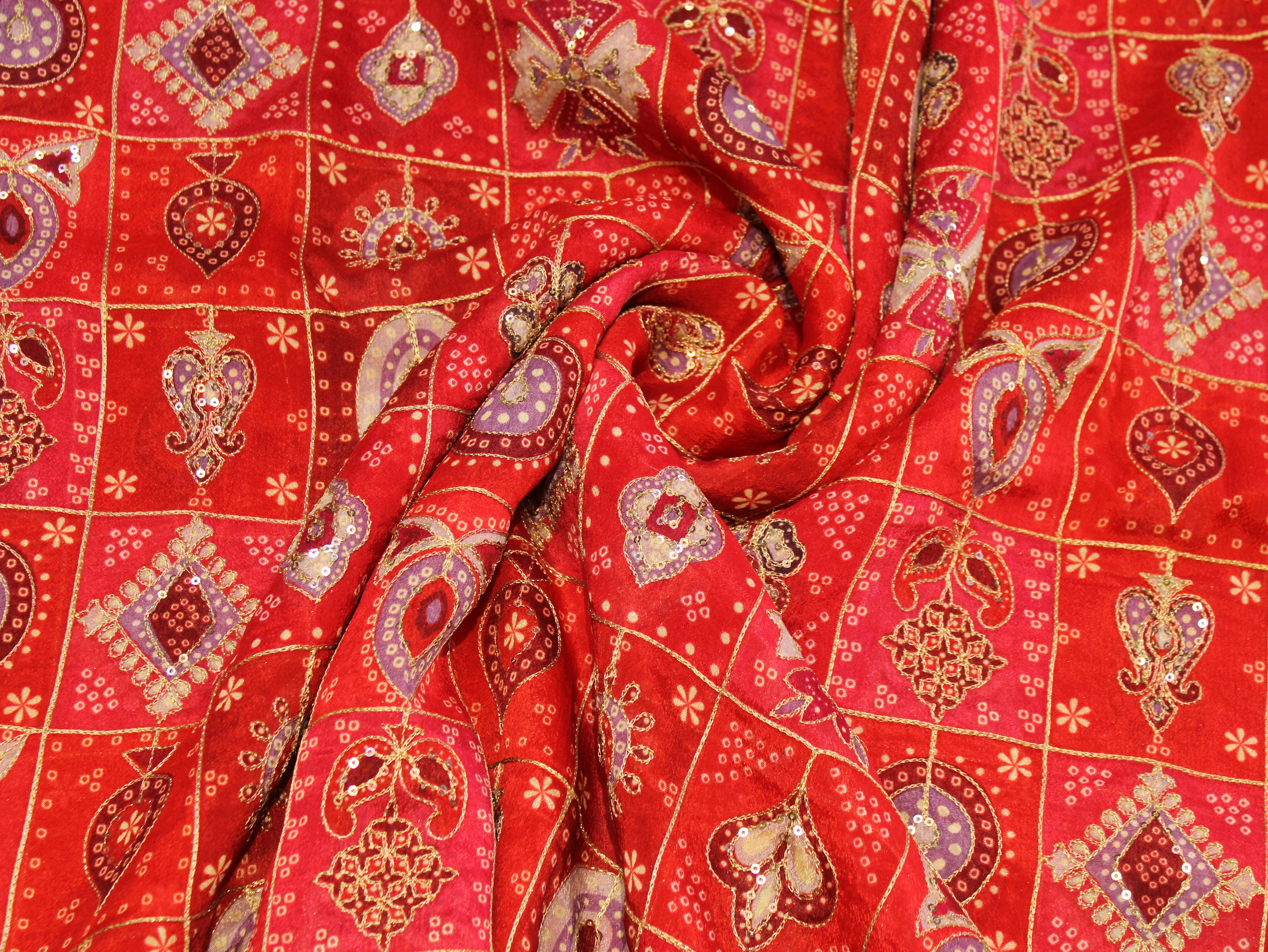 Chinon Bandhini Position Work Fabric | 42 Inch | Poly Viscose | Red
