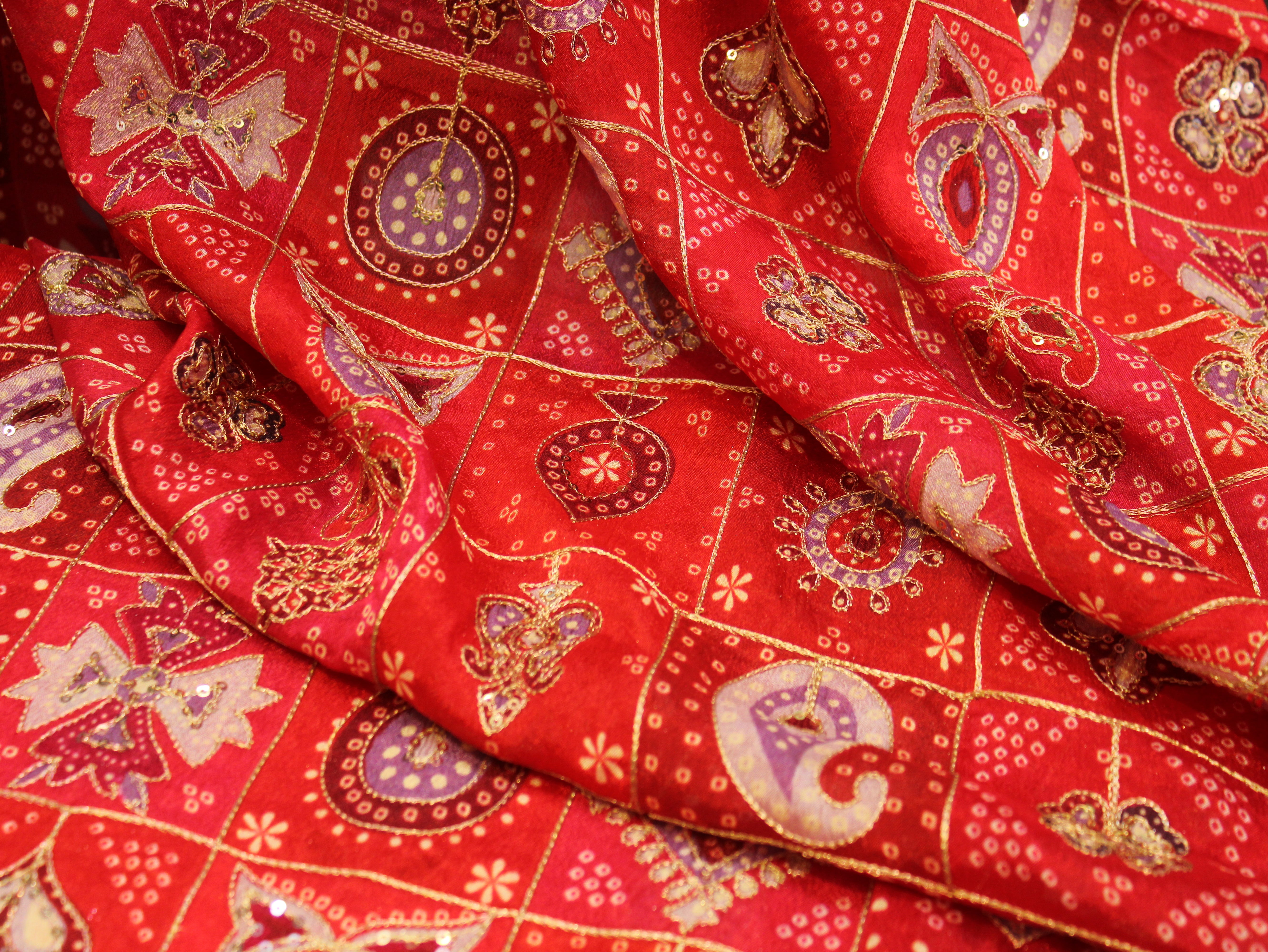 Chinon Bandhini Position Work Fabric | 42 Inch | Poly Viscose | Red
