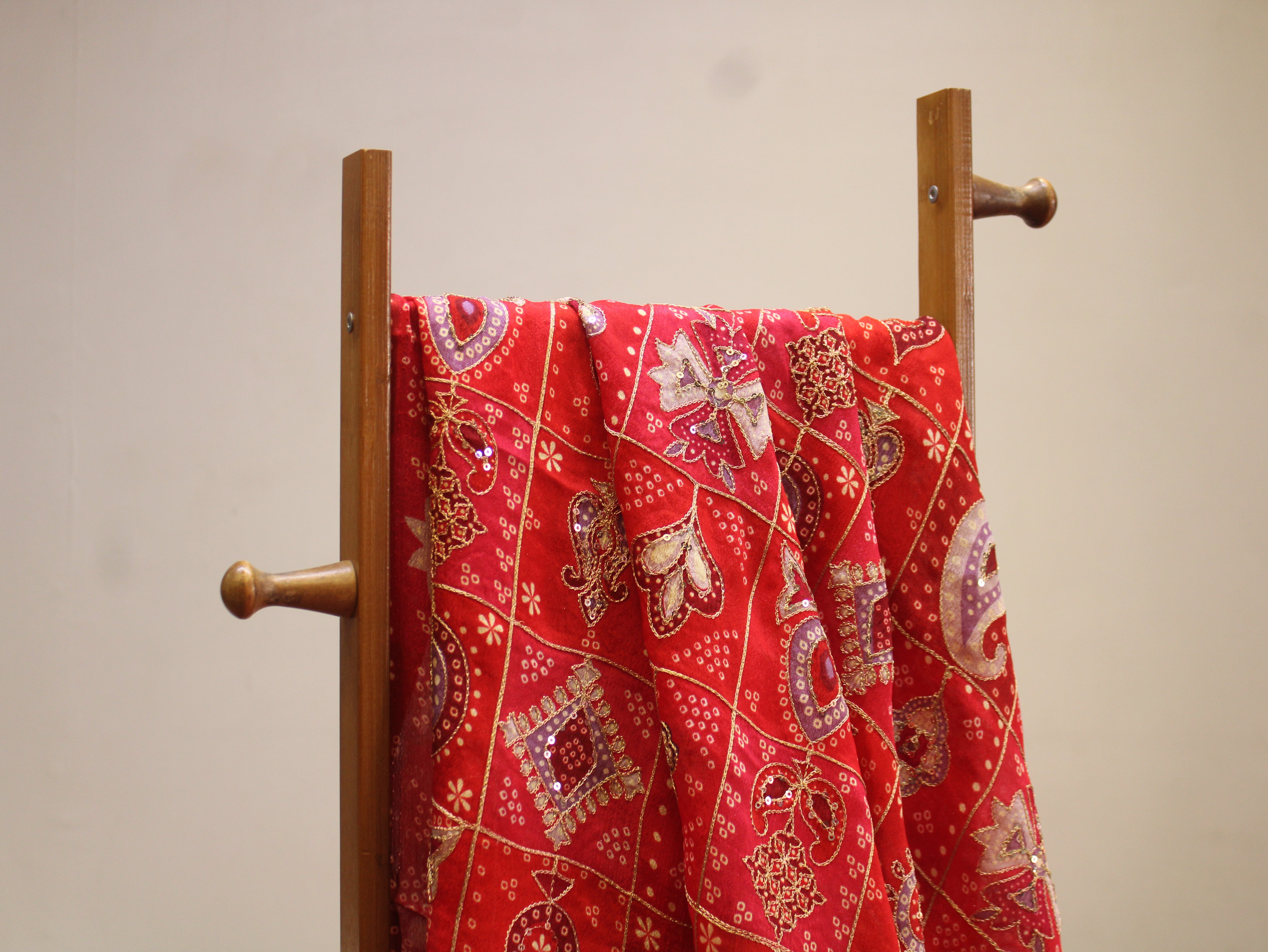 Chinon Bandhini Position Work Fabric | 42 Inch | Poly Viscose | Red