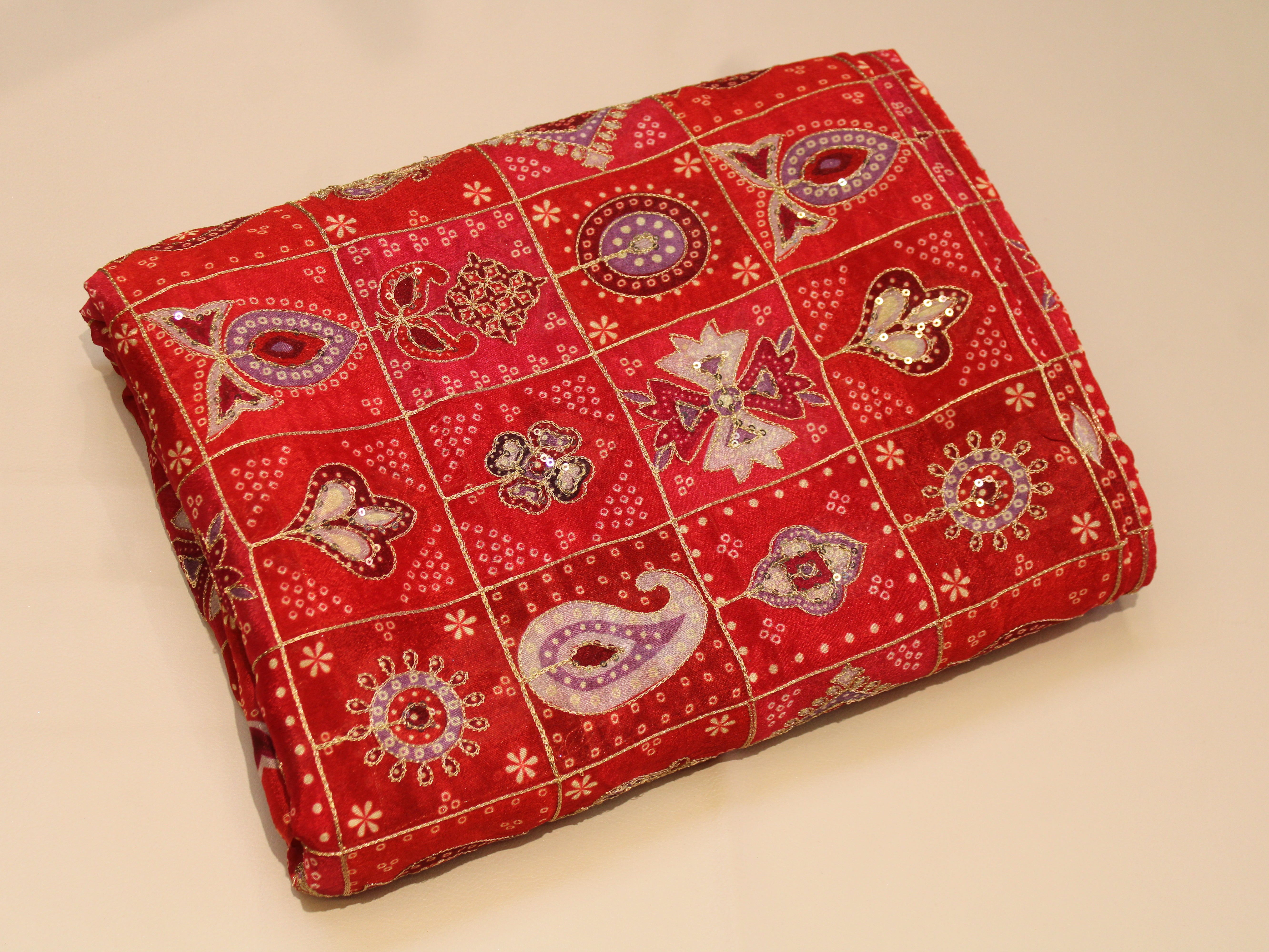 Chinon Bandhini Position Work Fabric | 42 Inch | Poly Viscose | Red