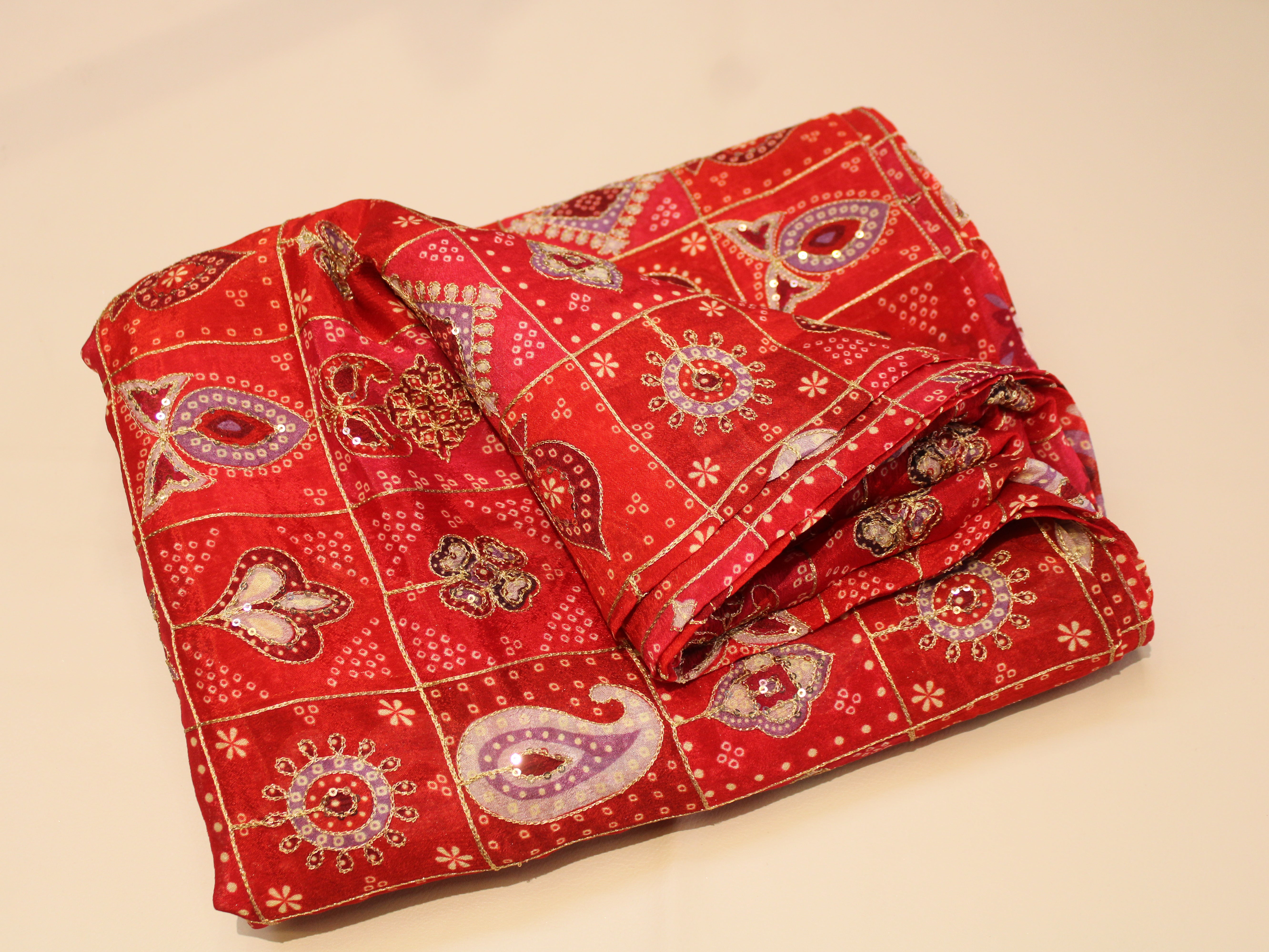 Chinon Bandhini Position Work Fabric | 42 Inch | Poly Viscose | Red