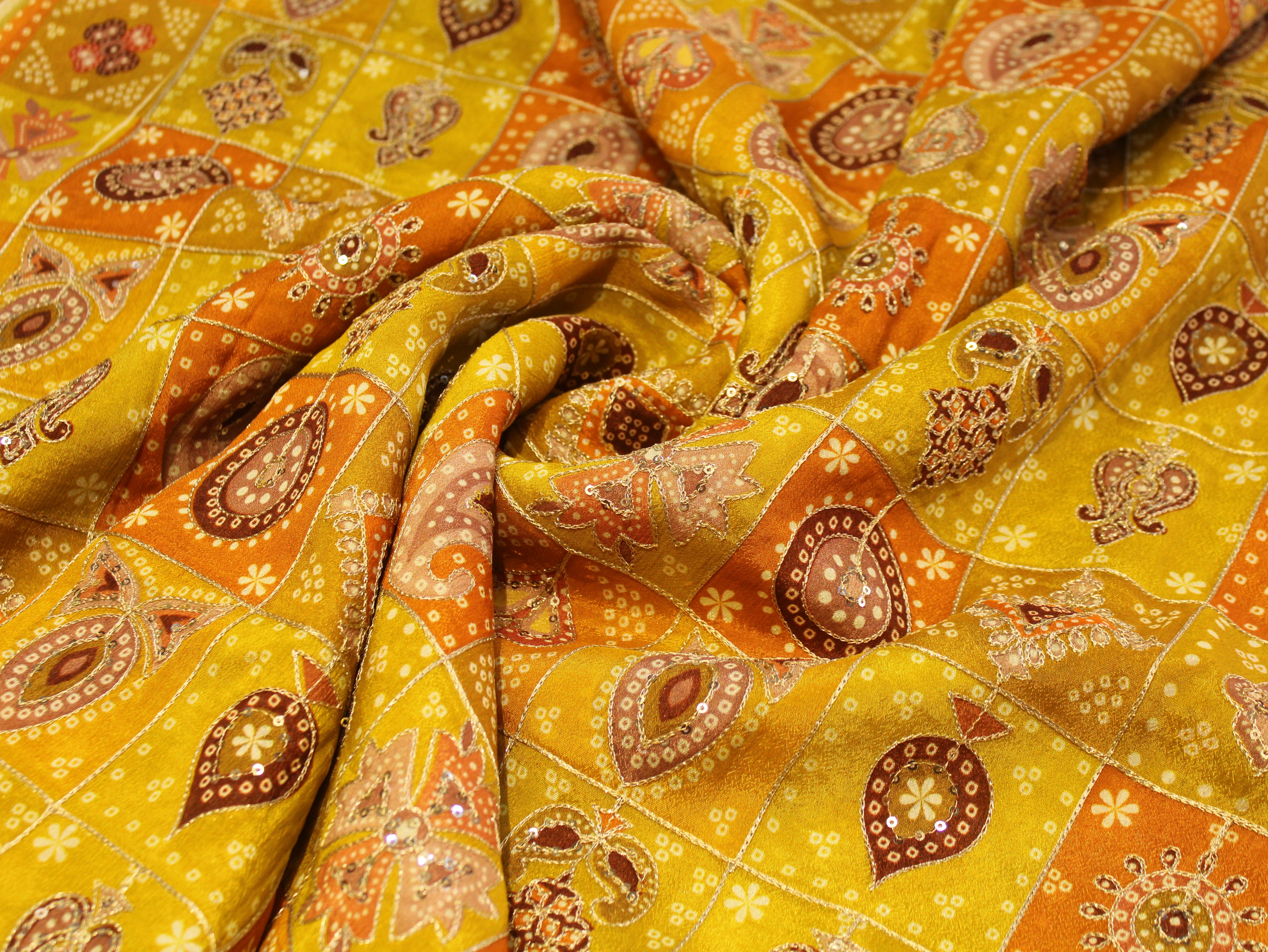 Chinon Bandhini Position Work Fabric | 42 Inch | Poly Viscose | Mustard