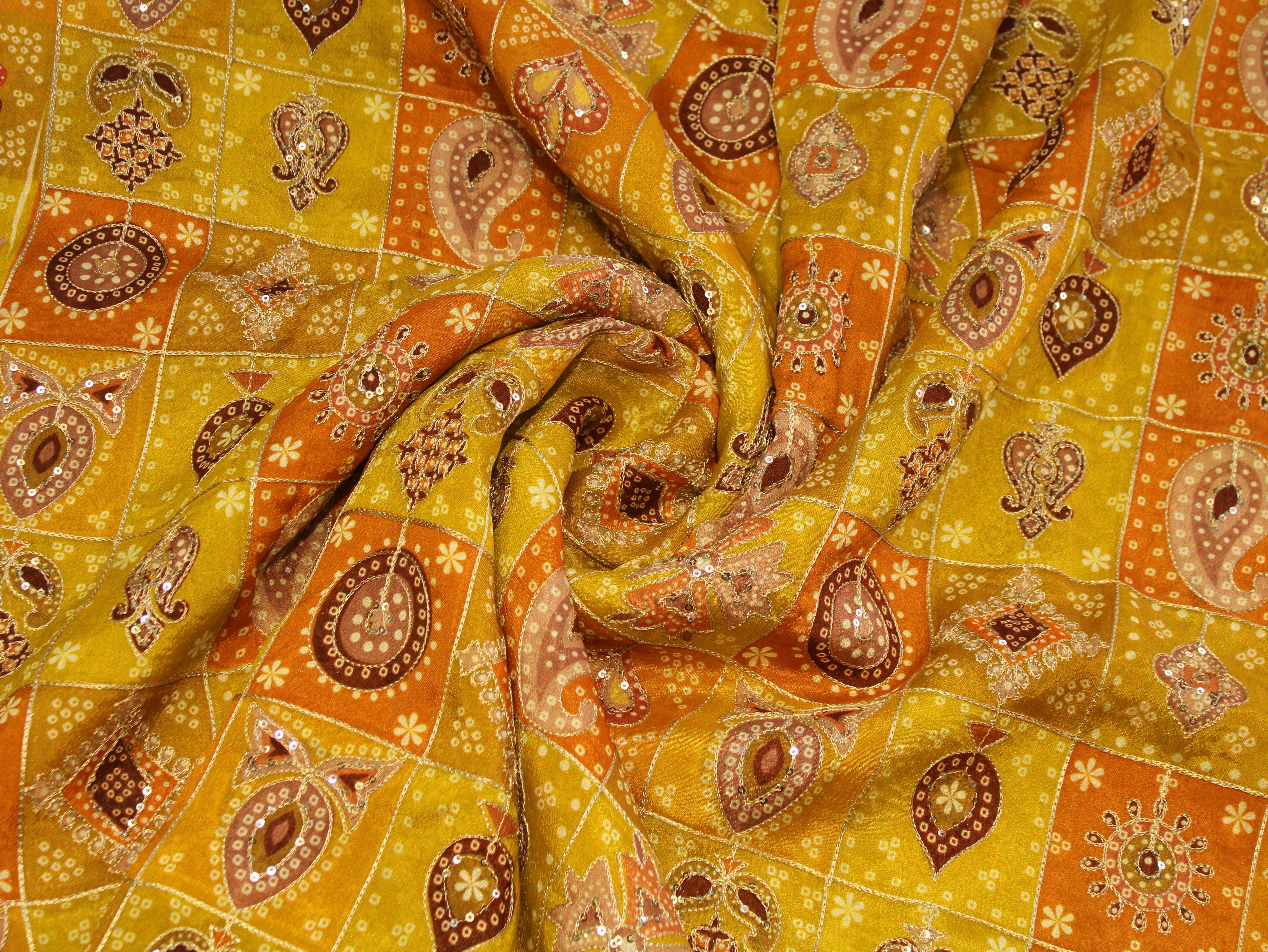 Chinon Bandhini Position Work Fabric | 42 Inch | Poly Viscose | Mustard