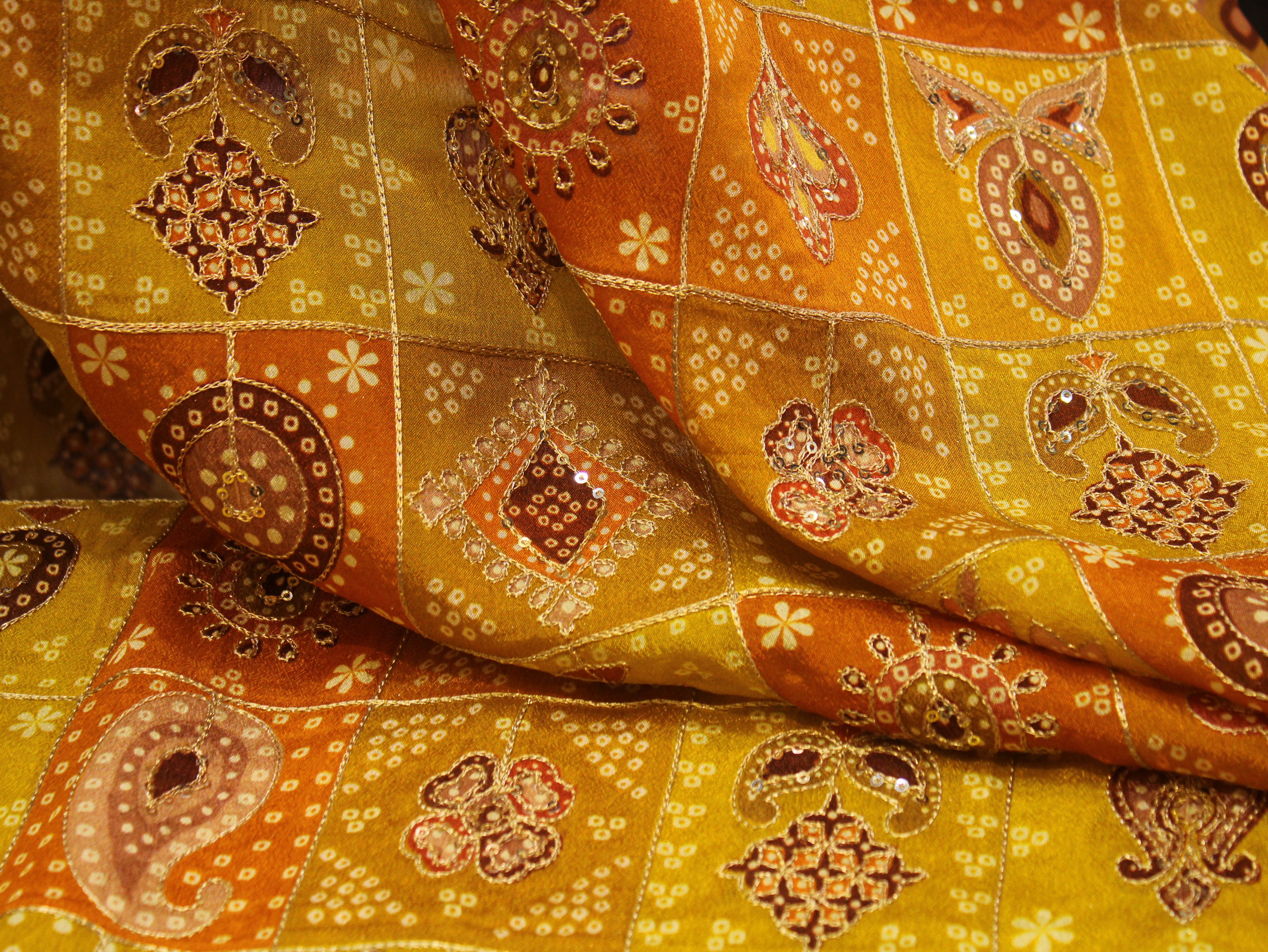 Chinon Bandhini Position Work Fabric | 42 Inch | Poly Viscose | Mustard
