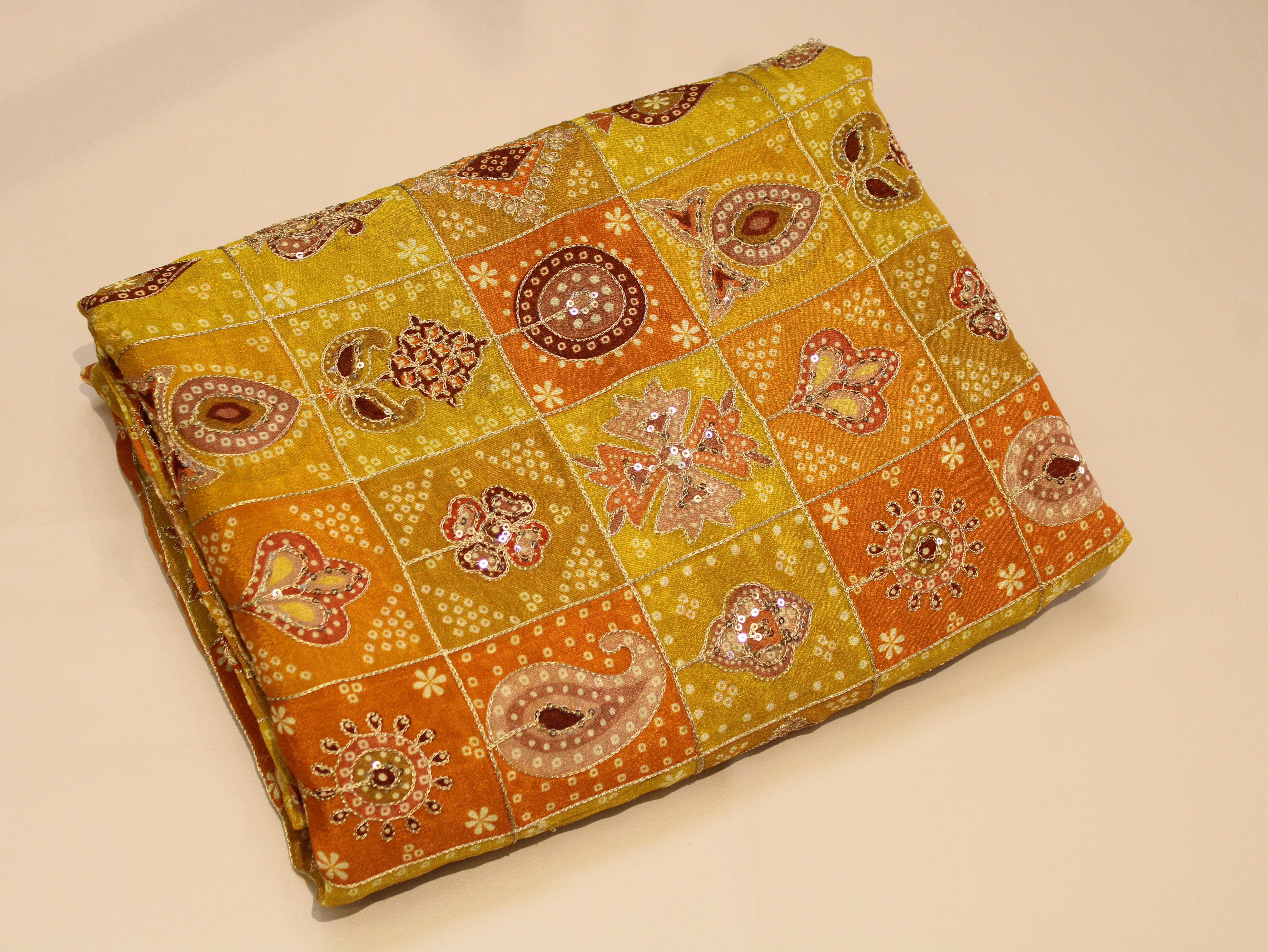 Chinon Bandhini Position Work Fabric | 42 Inch | Poly Viscose | Mustard