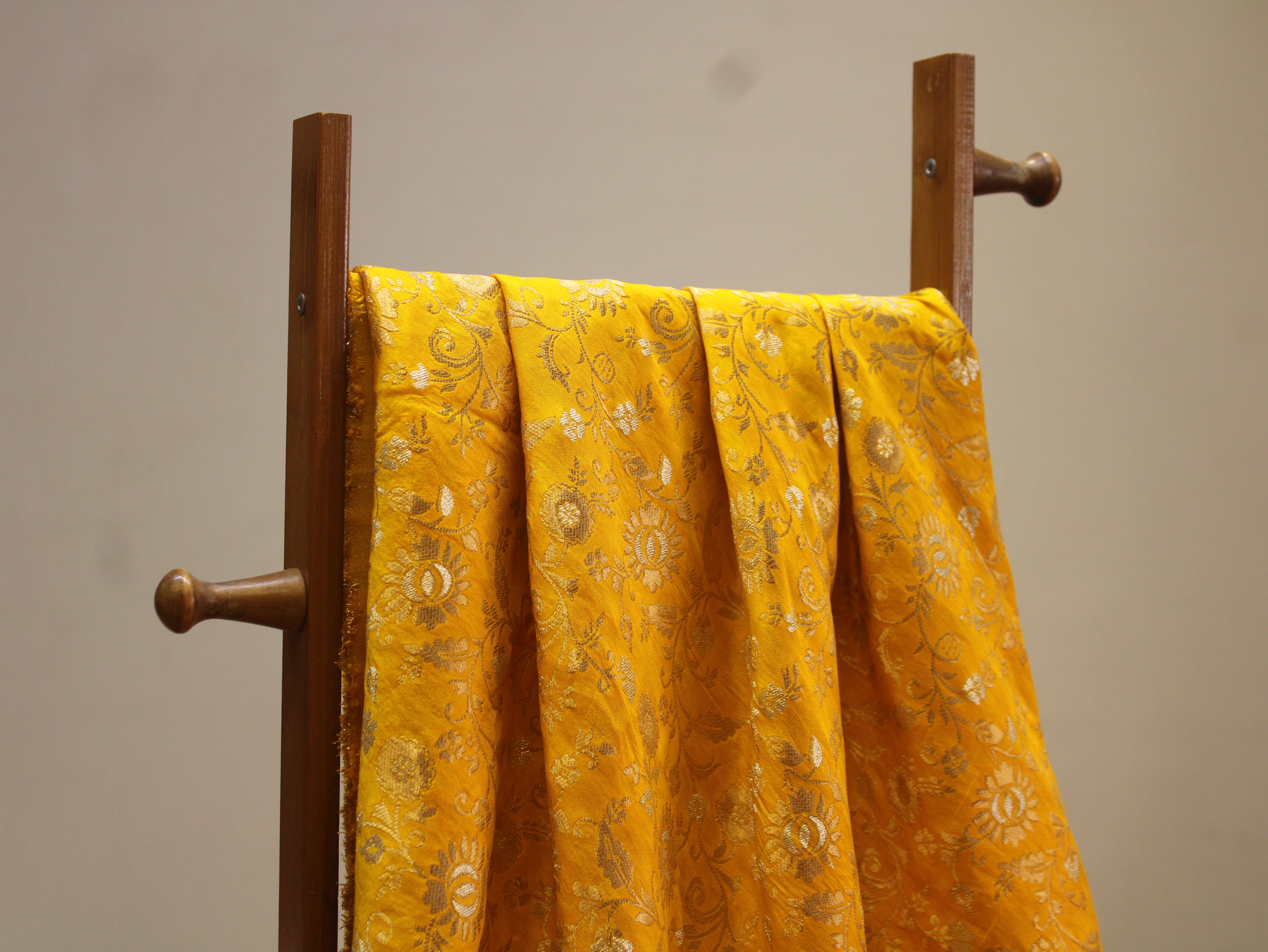 Banarasi Brocade Fabric Dual Tone Zari Floral Jacquard - Yellow