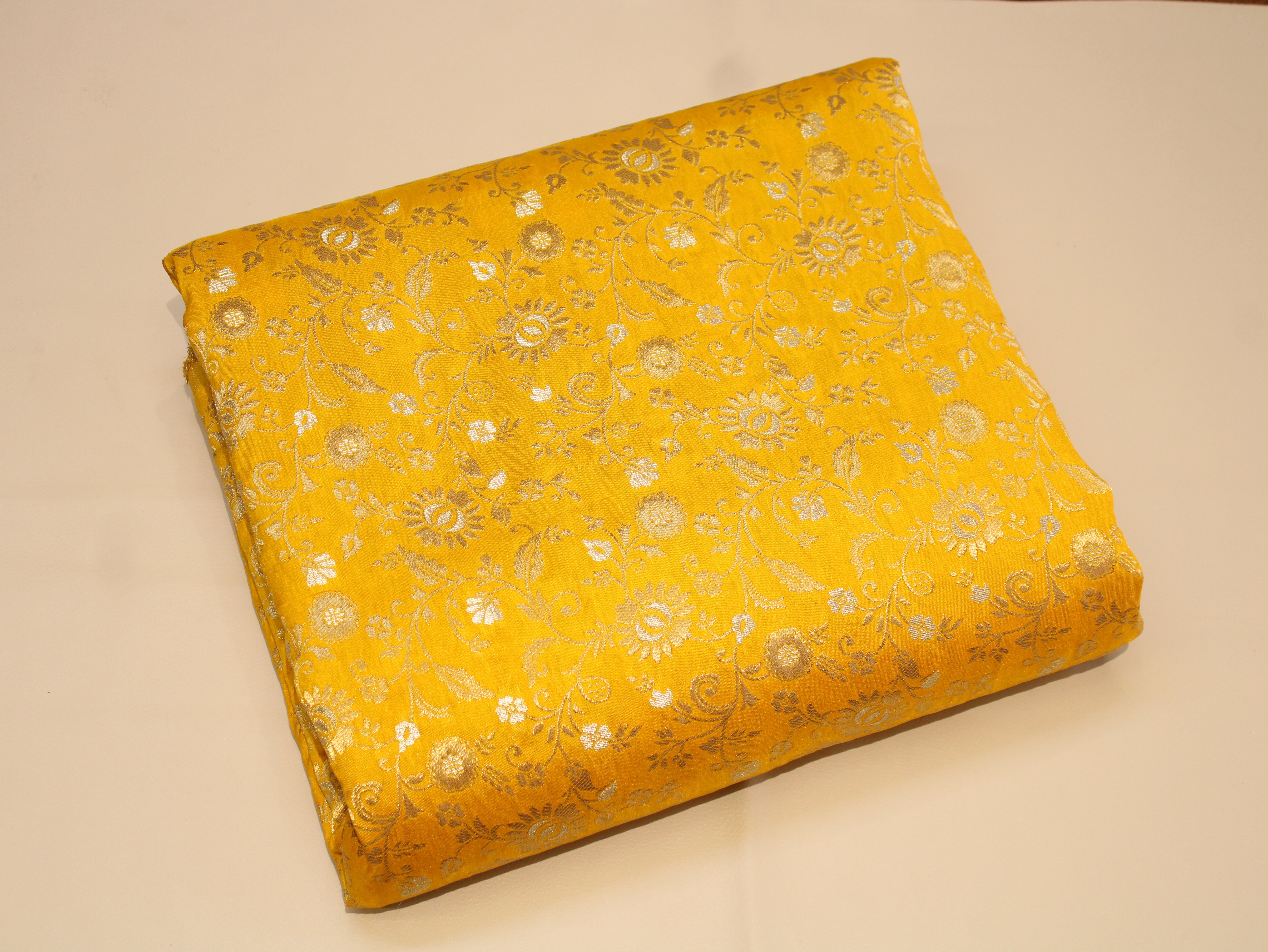 Banarasi Brocade Fabric Dual Tone Zari Floral Jacquard - Yellow