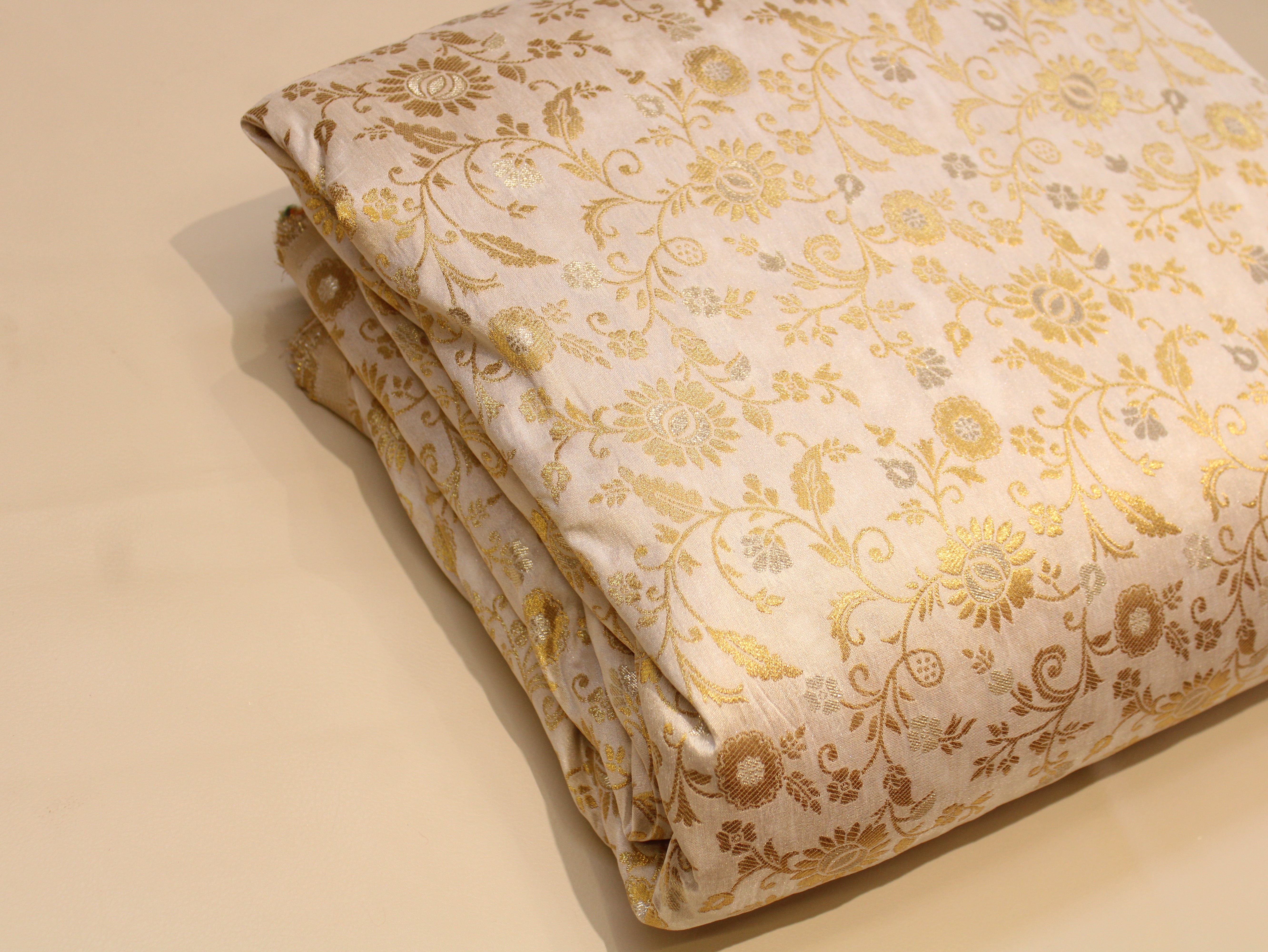 Banarasi Brocade Fabric Dual Tone Zari Floral Jacquard - White Dyeable