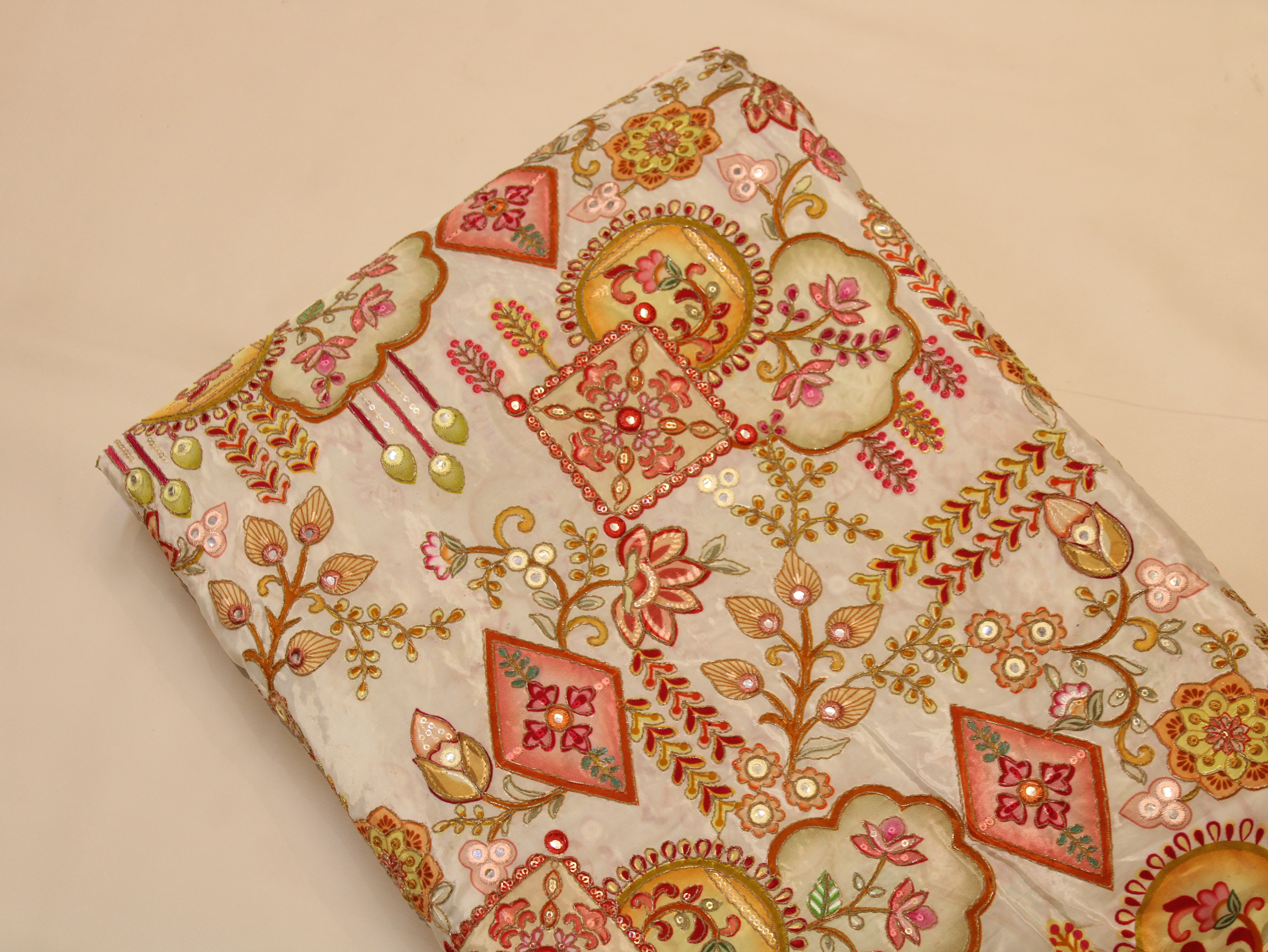 Natural Crepe Position Cording Work Fabric | 44 Inch | White