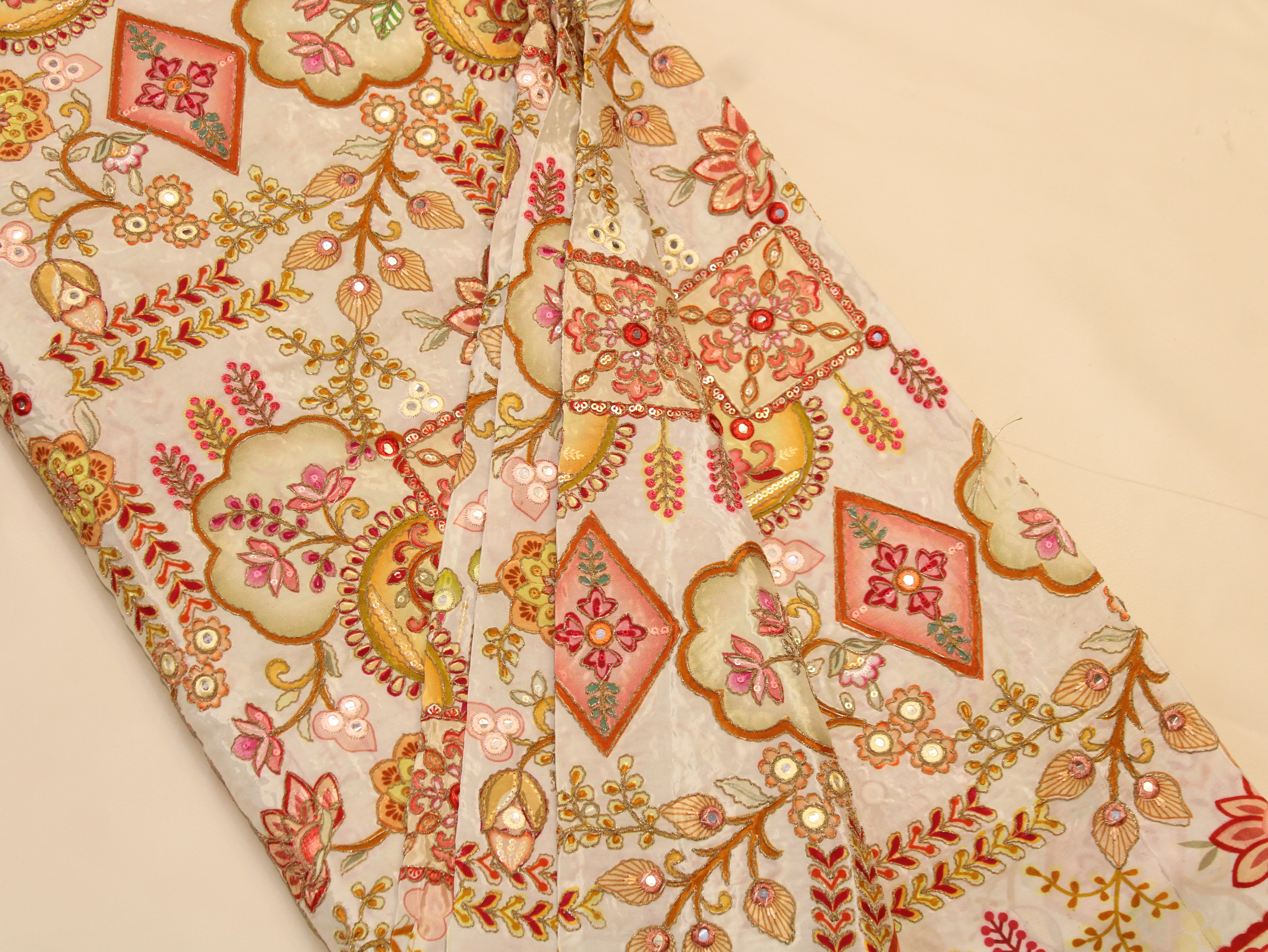 Natural Crepe Position Cording Work Fabric | 44 Inch | White