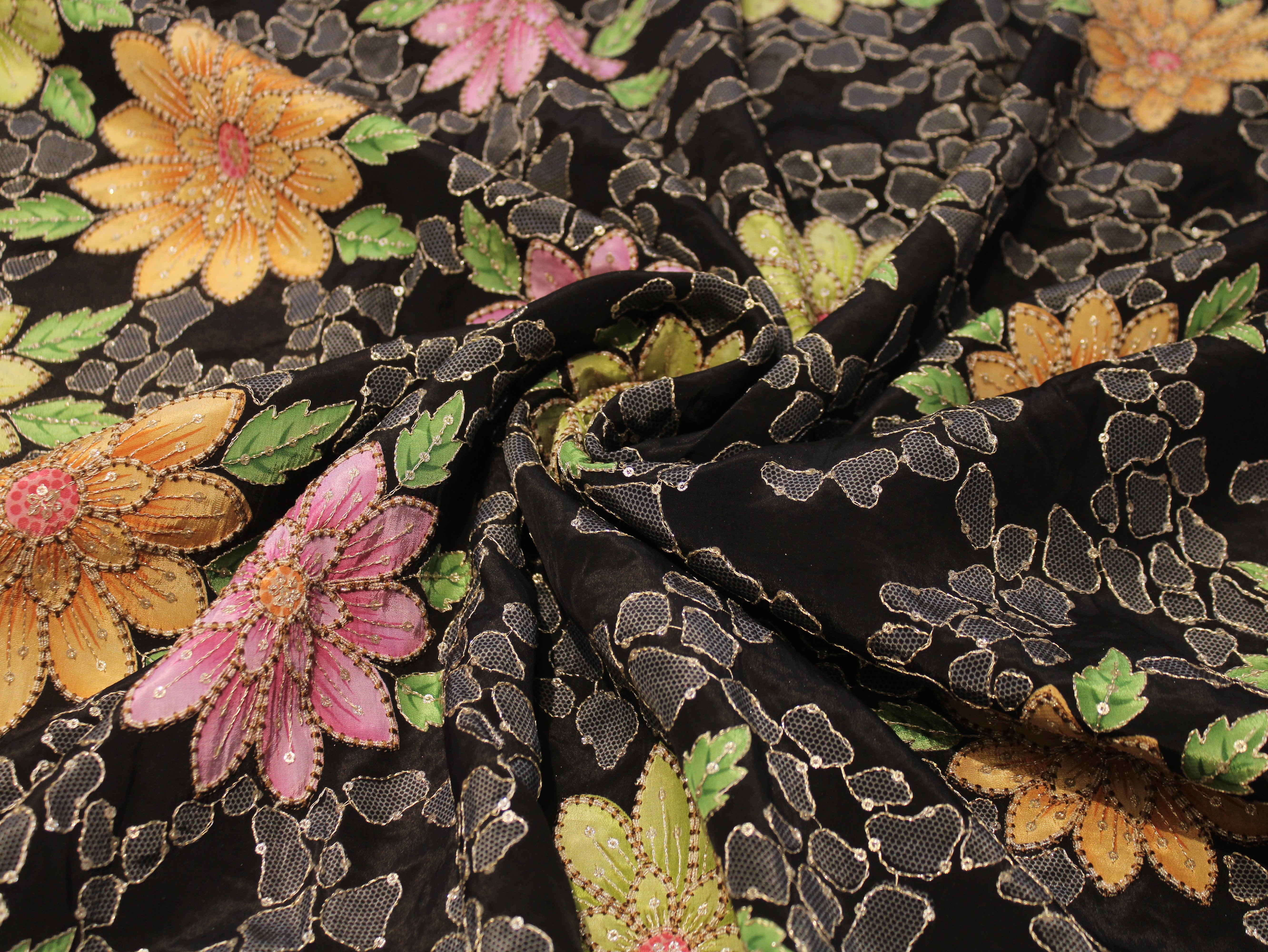 Natural Crepe Position Print Floral Fabric | Black | 52 Inch