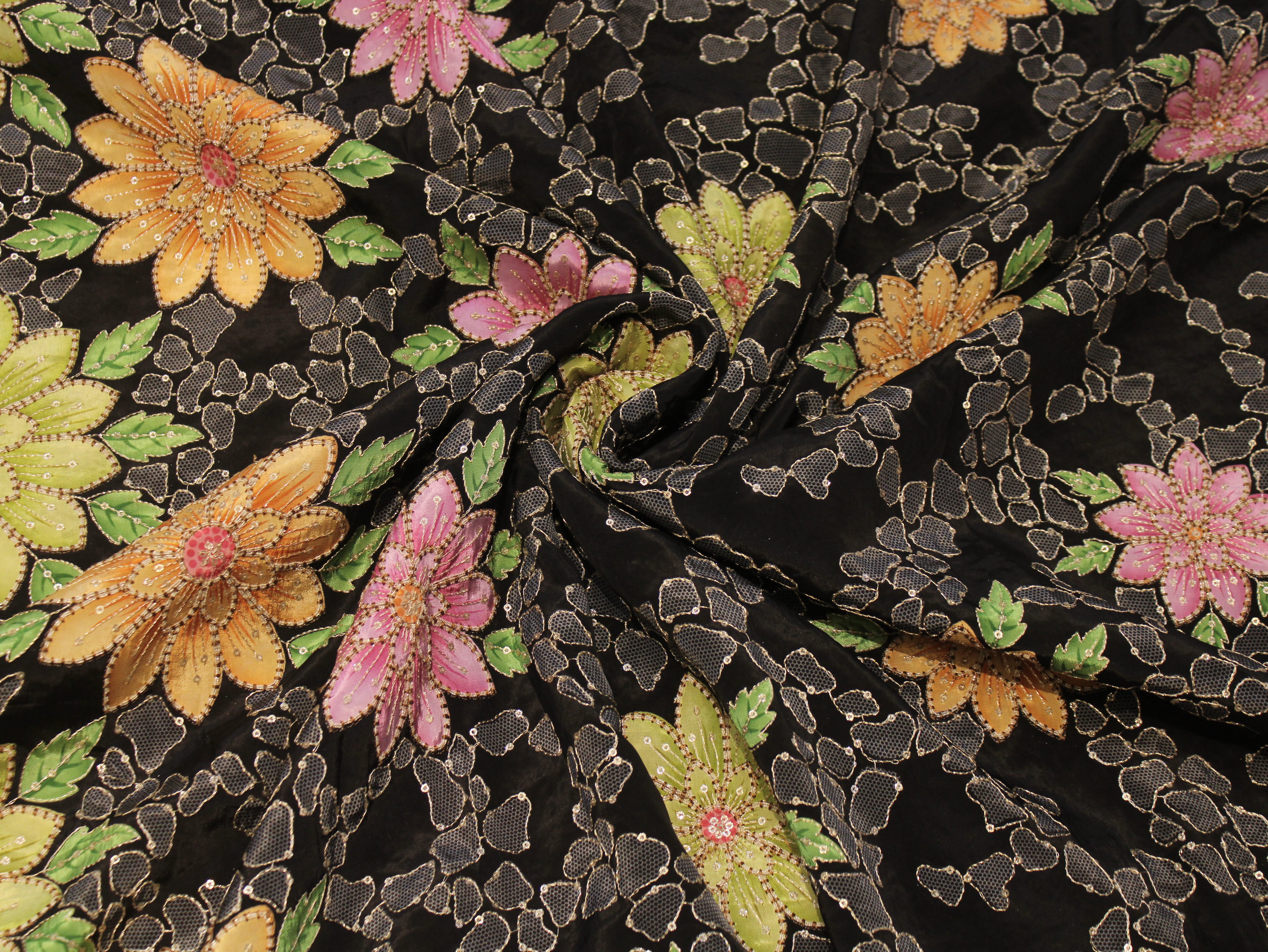 Natural Crepe Position Print Floral Fabric | Black | 52 Inch
